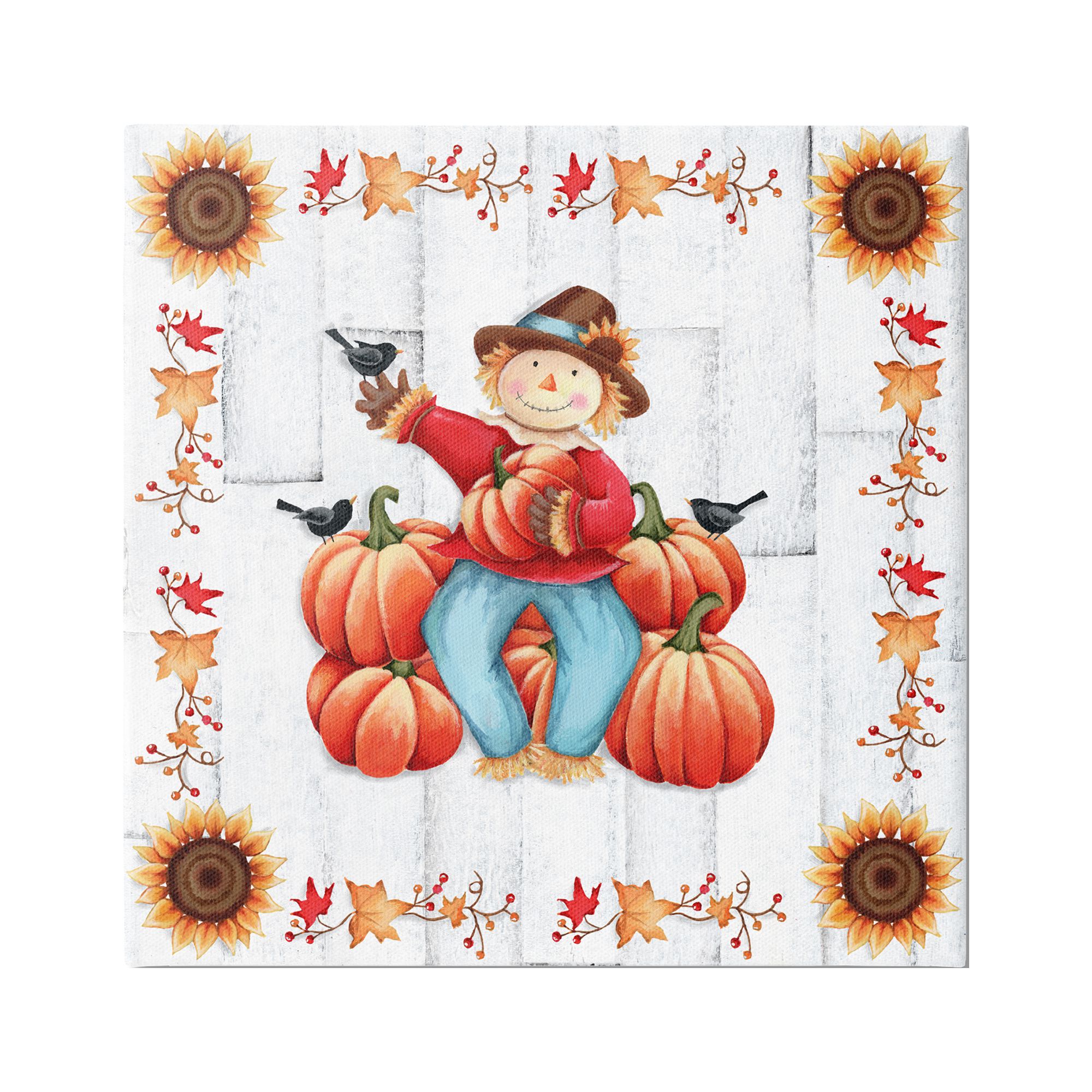 Stupell Industries Autumn Scarecrow & Pumpkins Holiday Painting Gallery Wrapped Canvas Art Print Wall Art, 36 x 36