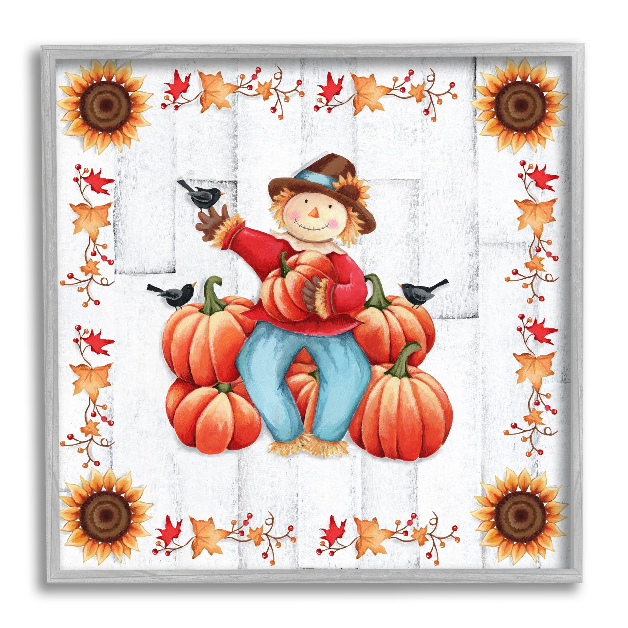 Stupell Industries Autumn Scarecrow & Pumpkins Holiday Painting Gray Framed Art Print Wall Art, 24 x 24