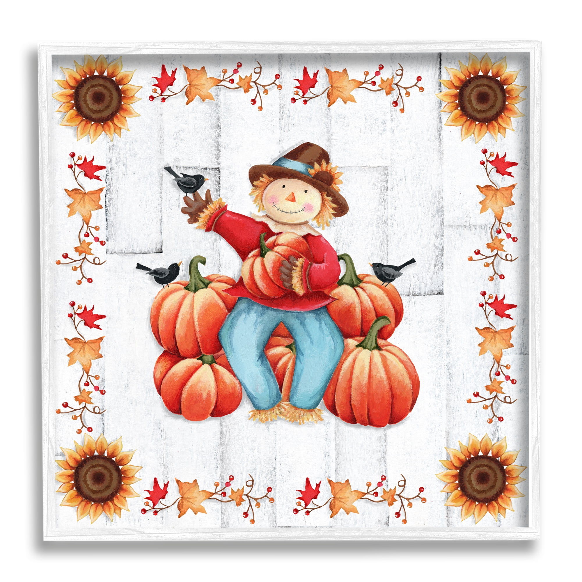 Stupell Industries Autumn Scarecrow & Pumpkins Holiday Painting White Framed Art Print Wall Art, 12 x 12