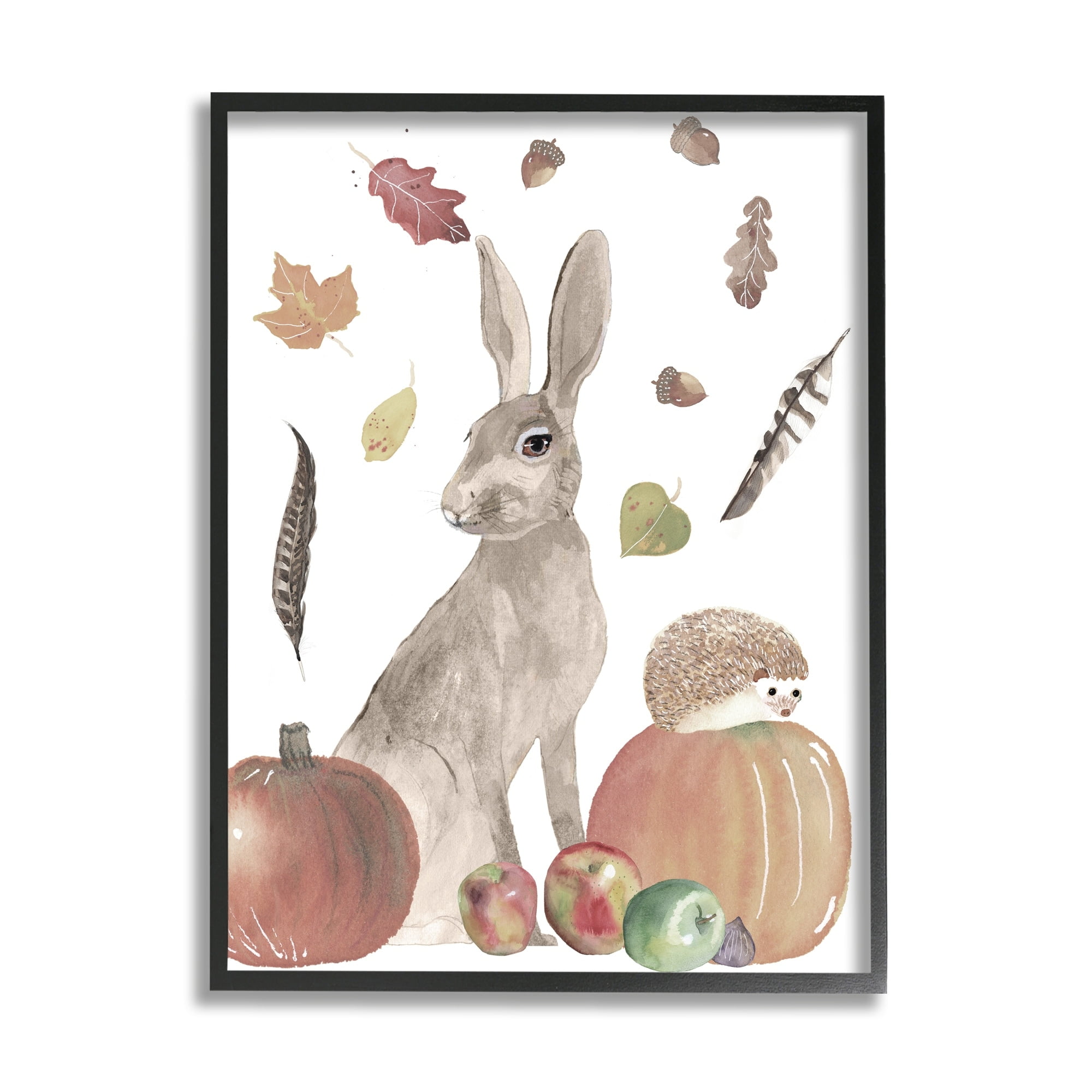 Stupell Industries Autumn Season Rabbit and Hedgehog Pumpkin Foliage Graphic Art Black Framed Art Print Wall Art, 24x30, by Alicia Longley