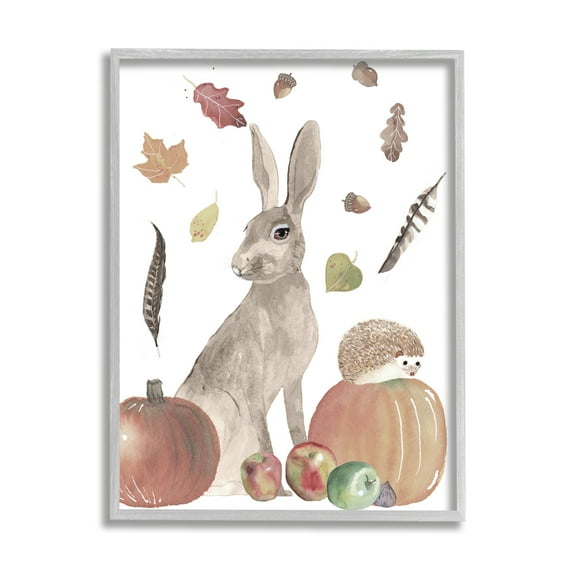 Stupell Industries Autumn Season Rabbit and Hedgehog Pumpkin Foliage Graphic Art Gray Framed Art Print Wall Art, 16x20, by Alicia Longley