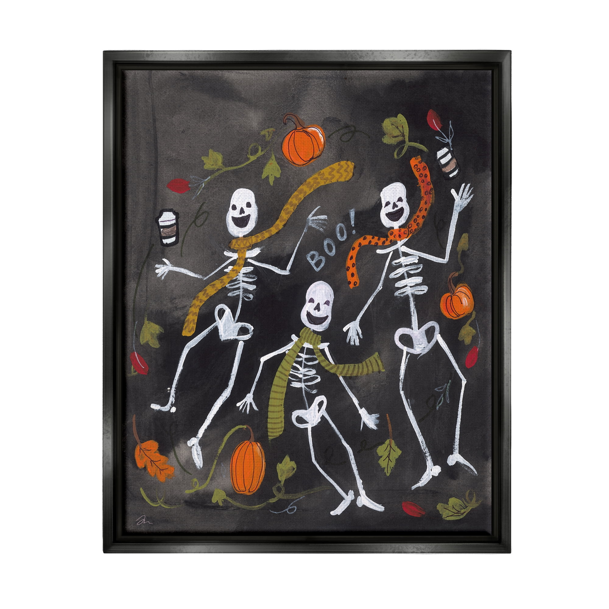 Stupell Industries Autumn Skeletons with Coffee Holiday Painting Black Floater Framed Art Print Wall Art, 25 x 31