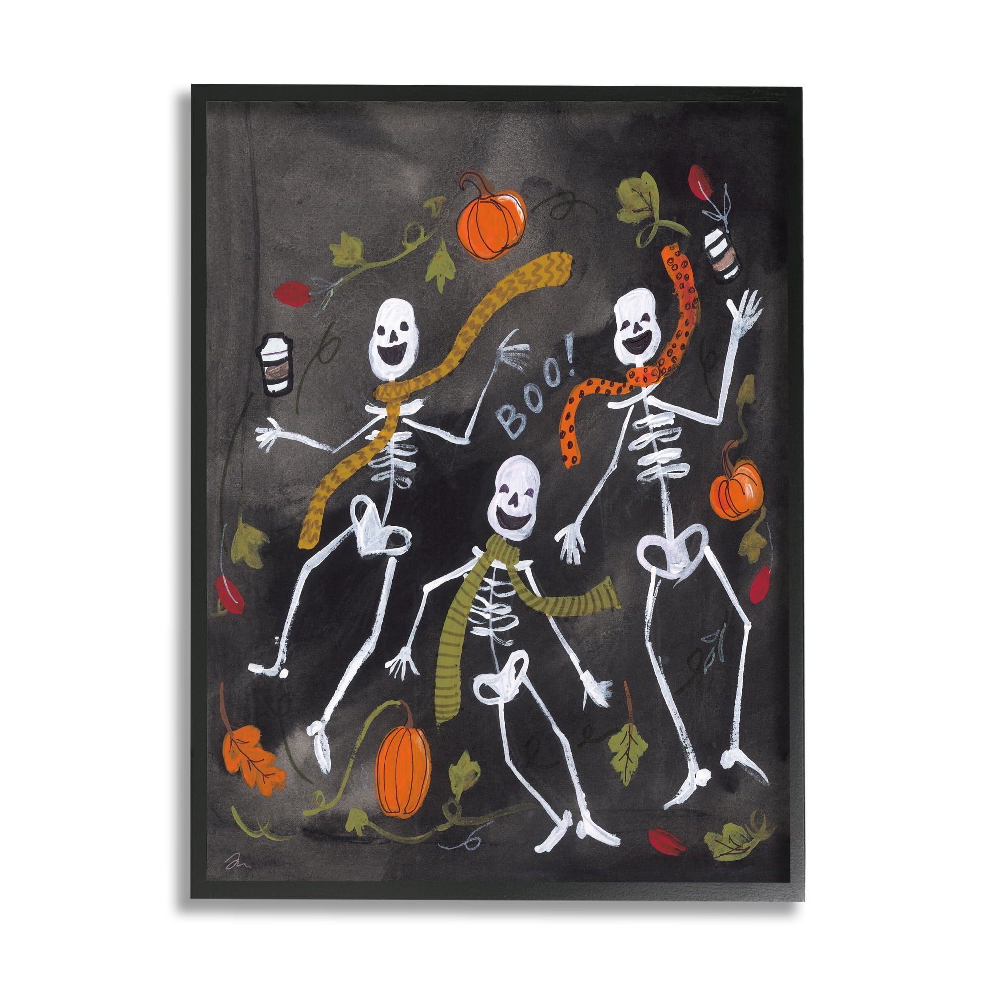 Stupell Industries Autumn Skeletons with Coffee Holiday Painting Black Framed Art Print Wall Art, 16 x 20