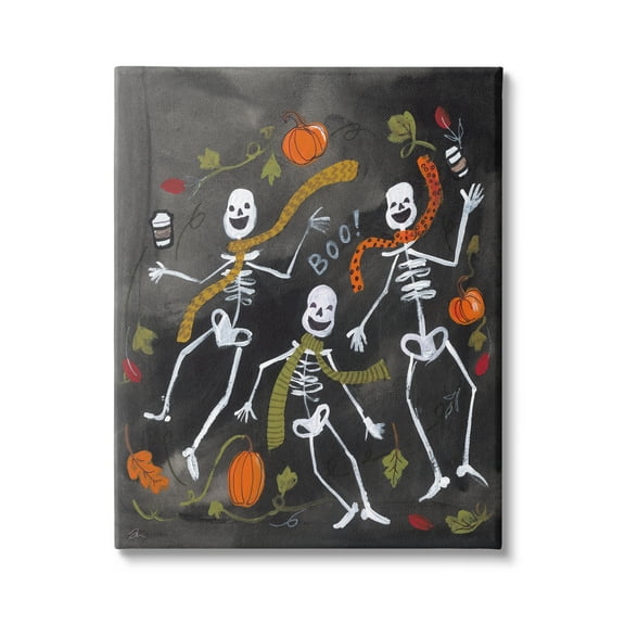 Stupell Industries Autumn Skeletons with Coffee Holiday Painting Gallery Wrapped Canvas Print Wall Art, 16 x 20