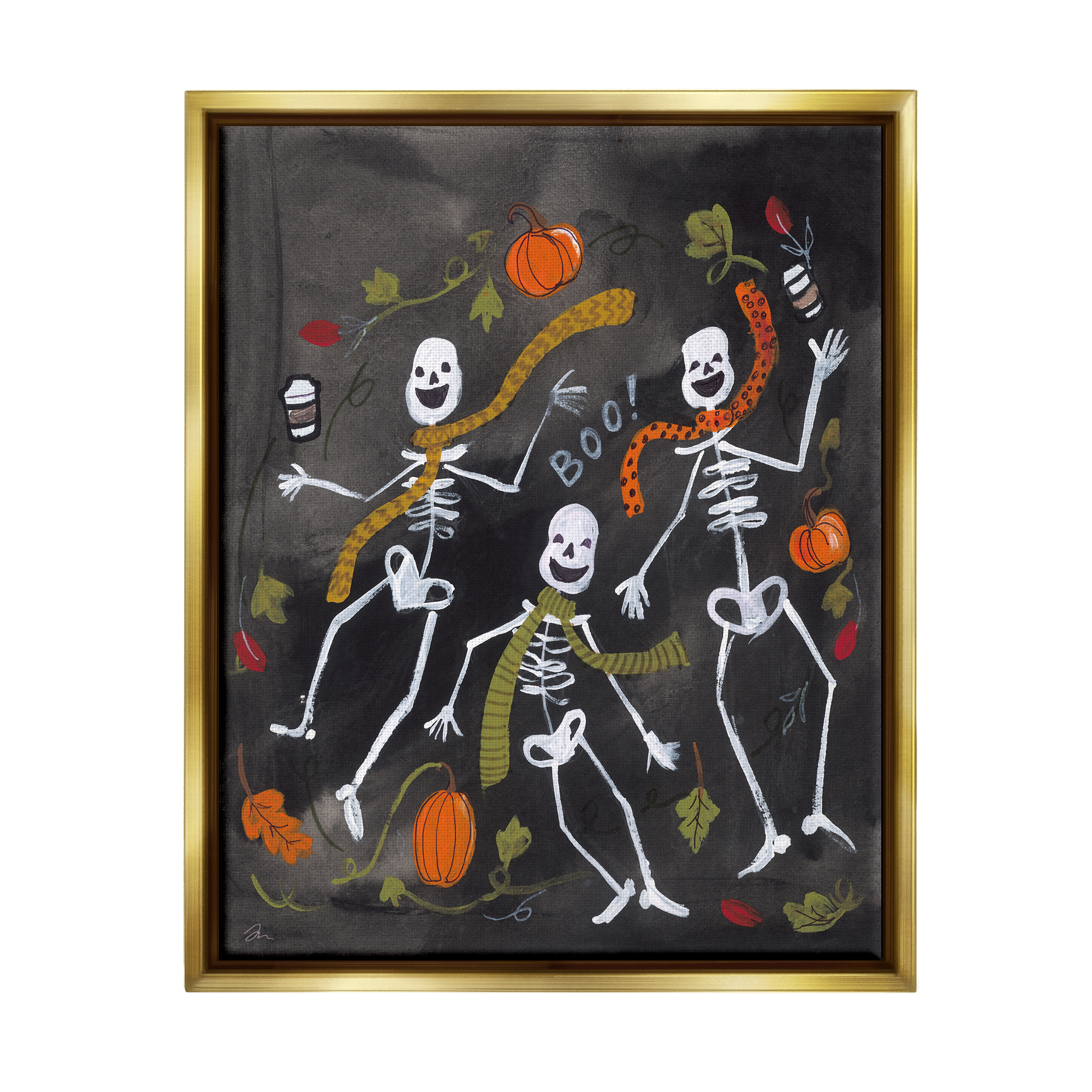 Stupell Industries Autumn Skeletons with Coffee Holiday Painting Gold Floater Framed Art Print Wall Art, 25 x 31