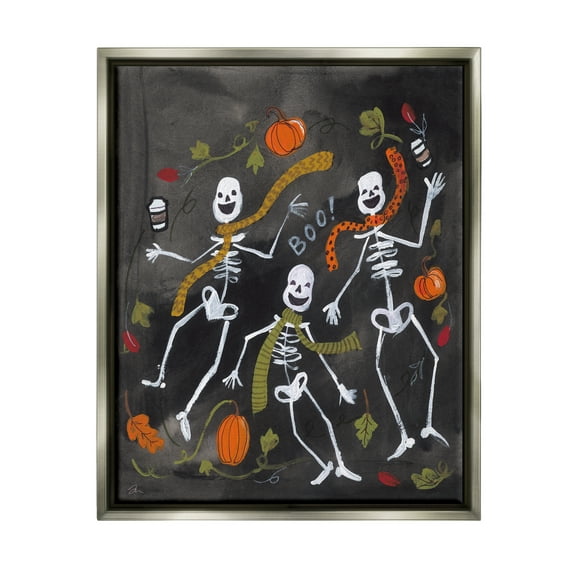 Stupell Industries Autumn Skeletons with Coffee Holiday Painting Gray Floater Framed Art Print Wall Art, 17 x 21