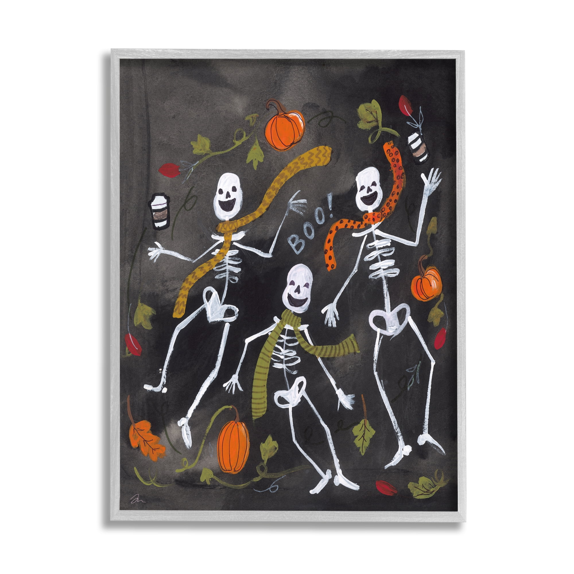 Stupell Industries Autumn Skeletons with Coffee Holiday Painting Gray Framed Art Print Wall Art, 24 x 30