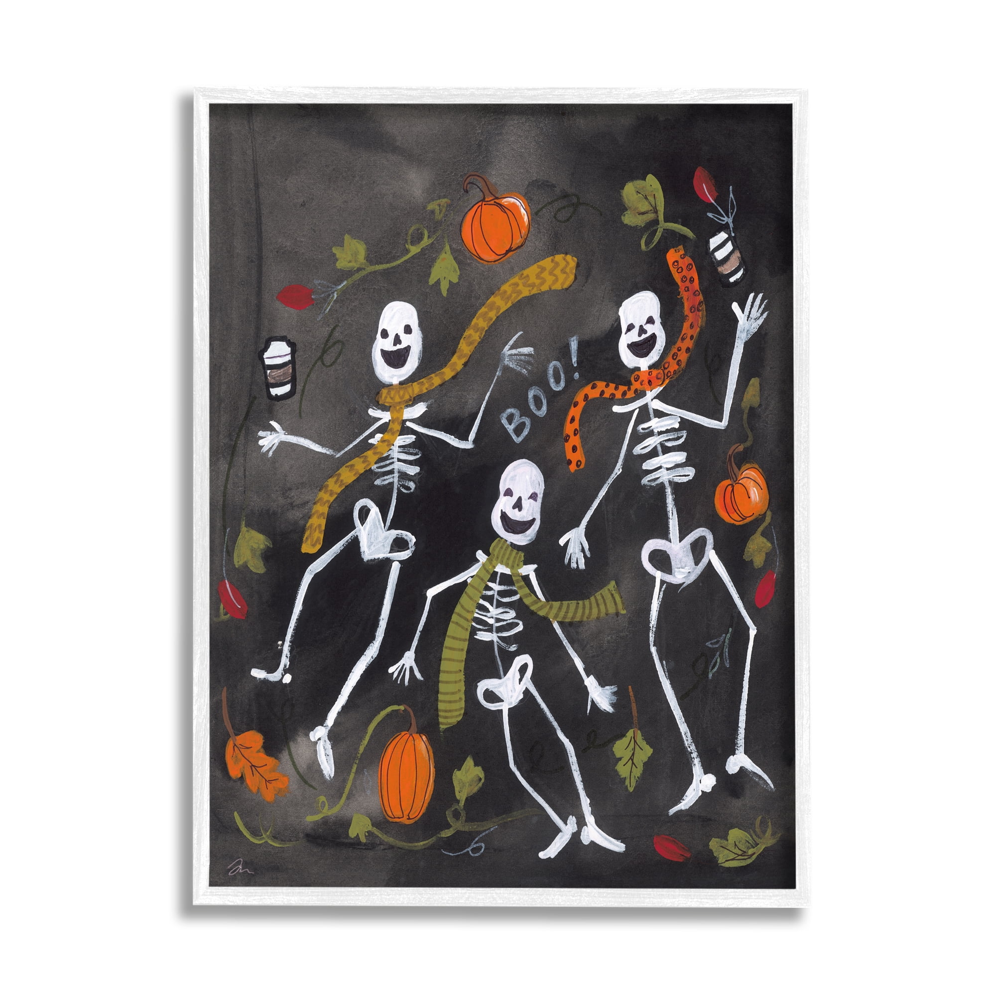 Stupell Industries Autumn Skeletons with Coffee Holiday Painting White Framed Art Print Wall Art, 11 x 14