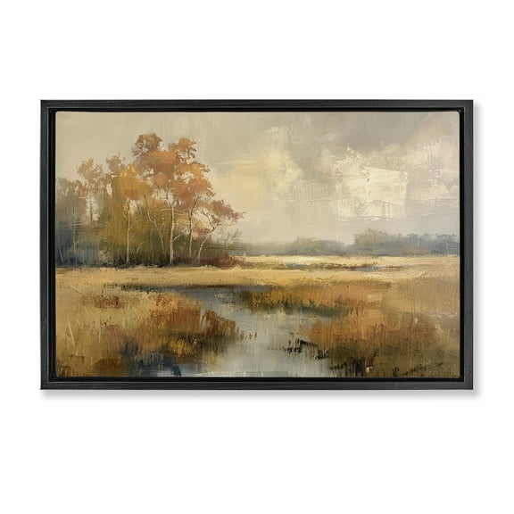 Stupell Industries Autumn Stream Landscape Landscape & Nature Painting Black Floater Framed Canvas Art Print Wall Art, 25 x 17