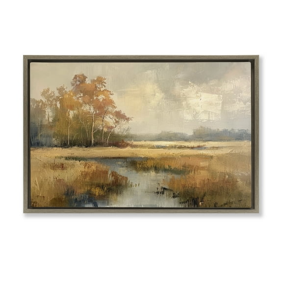 Stupell Industries Autumn Stream Landscape Landscape & Nature Painting Brown Floater Framed Canvas Art Print Wall Art, 31 x 21