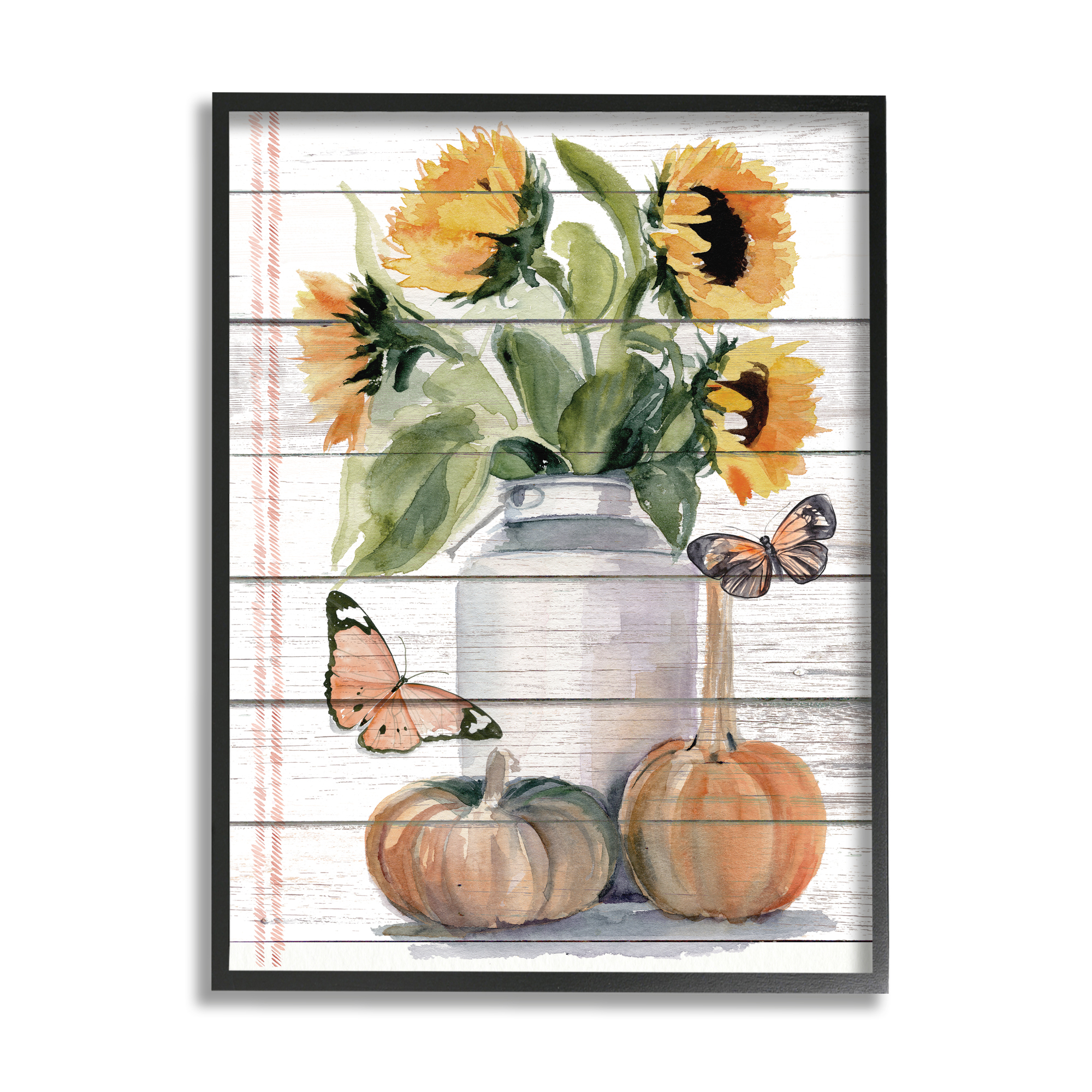 Stupell Industries Autumn Sunflower Jar Orange Monarch Butterflies Botanical & Floral Painting Black Framed Art Print Wall Art, 11 x 14