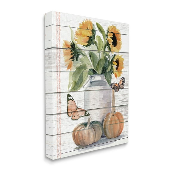 Stupell Industries Autumn Sunflower Jar Orange Monarch Butterflies Botanical & Floral Painting Gallery Wrapped Canvas Art Print Wall Art, 16 x 20
