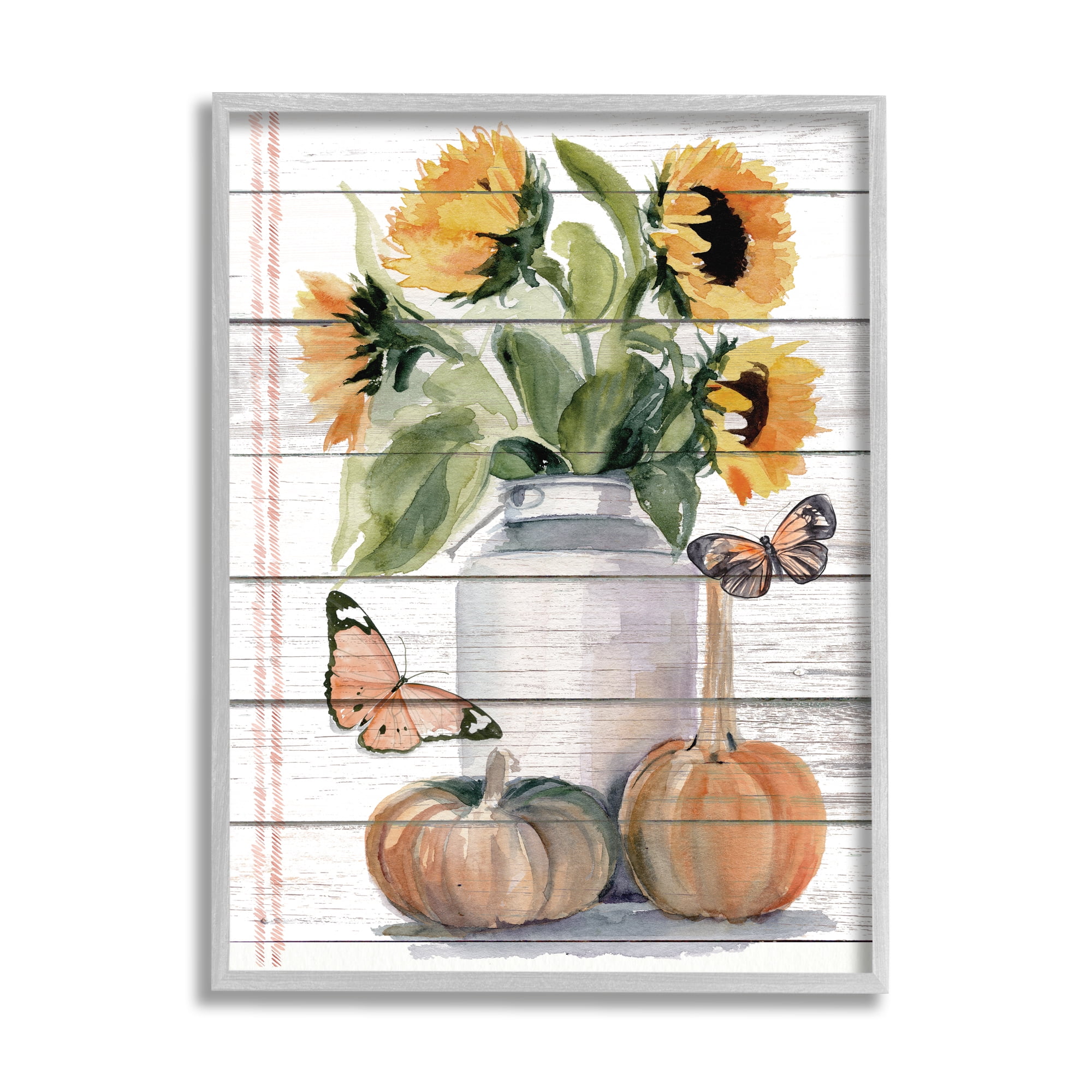 Stupell Industries Autumn Sunflower Jar Orange Monarch Butterflies Botanical & Floral Painting Gray Framed Art Print Wall Art, 11 x 14