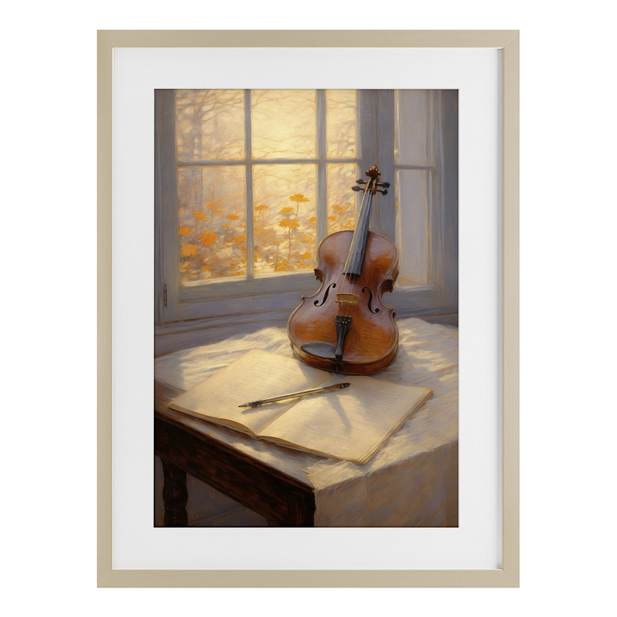Stupell Industries Autumn Sunlit Violin Birch Framed Print Under Glass, design by Angie Hawke