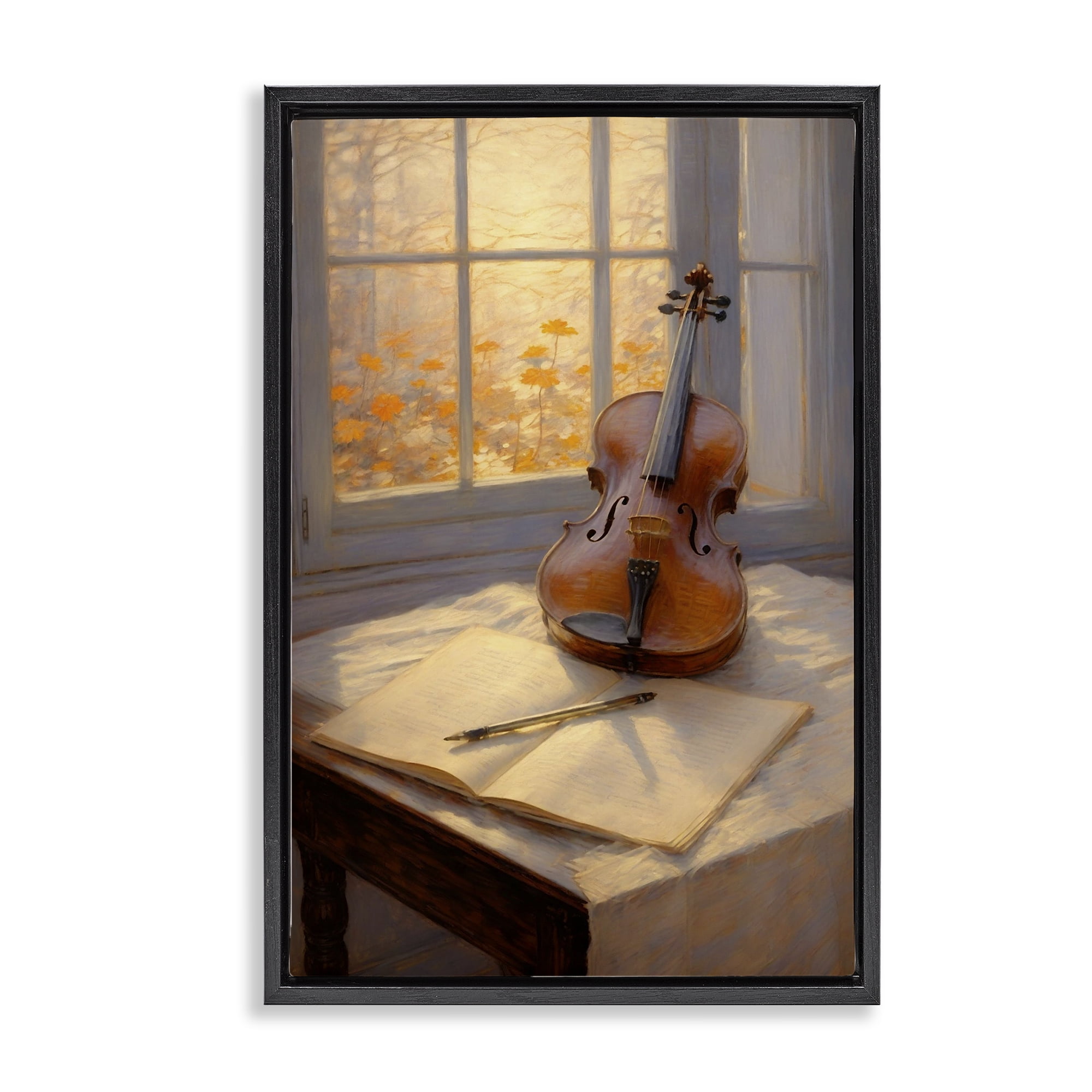 Stupell Industries Autumn Sunlit Violin Black Framed Floater Canvas Wall Art, design by Angie Hawke