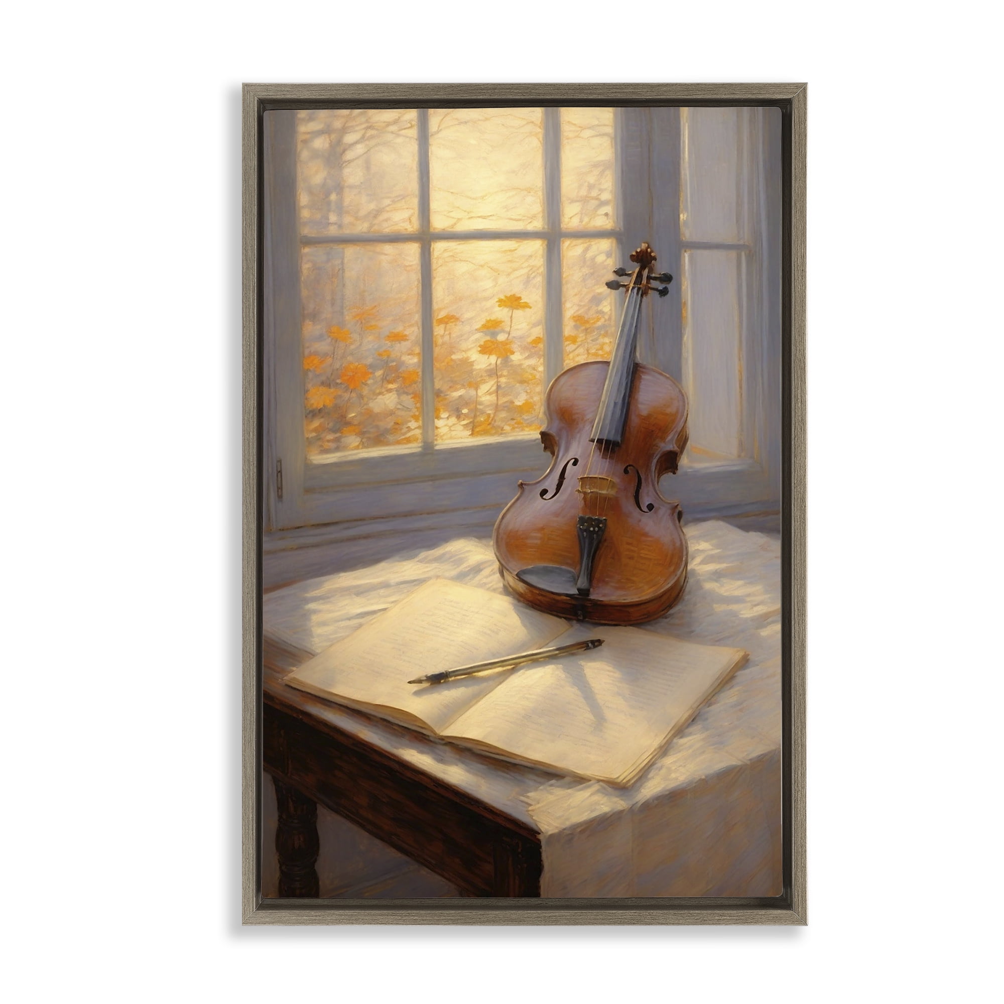Stupell Industries Autumn Sunlit Violin Brown Framed Floater Canvas Wall Art, design by Angie Hawke