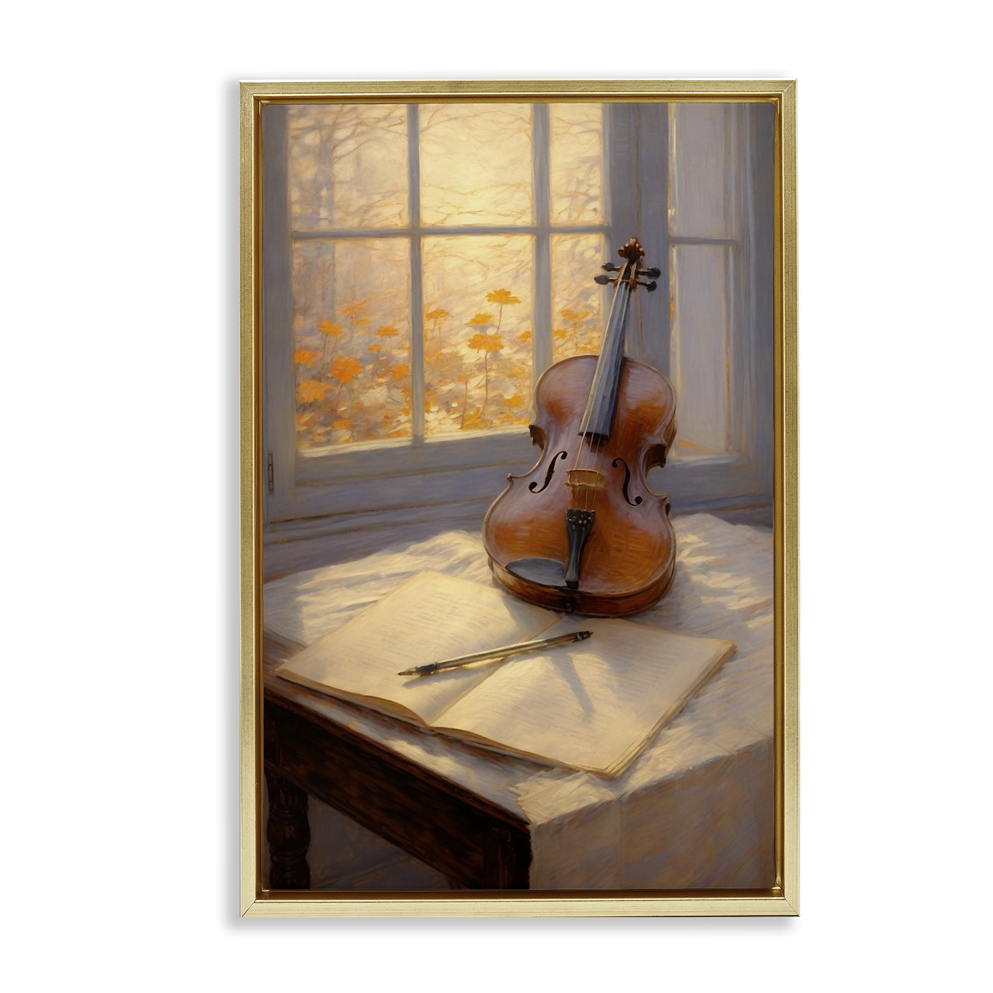 Stupell Industries Autumn Sunlit Violin Gold Framed Floater Canvas Wall Art, design by Angie Hawke