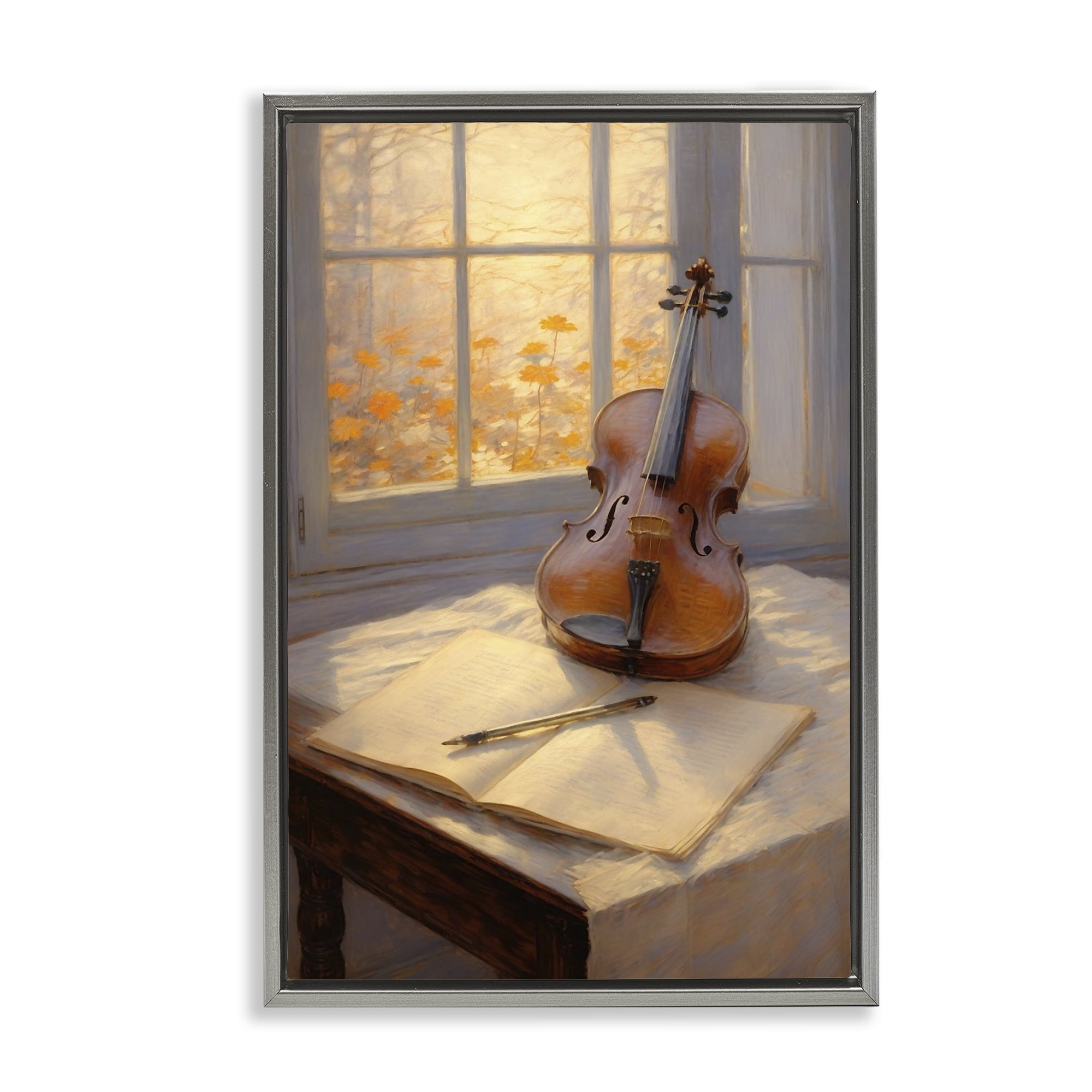 Stupell Industries Autumn Sunlit Violin Gray Framed Floater Canvas Wall Art, design by Angie Hawke