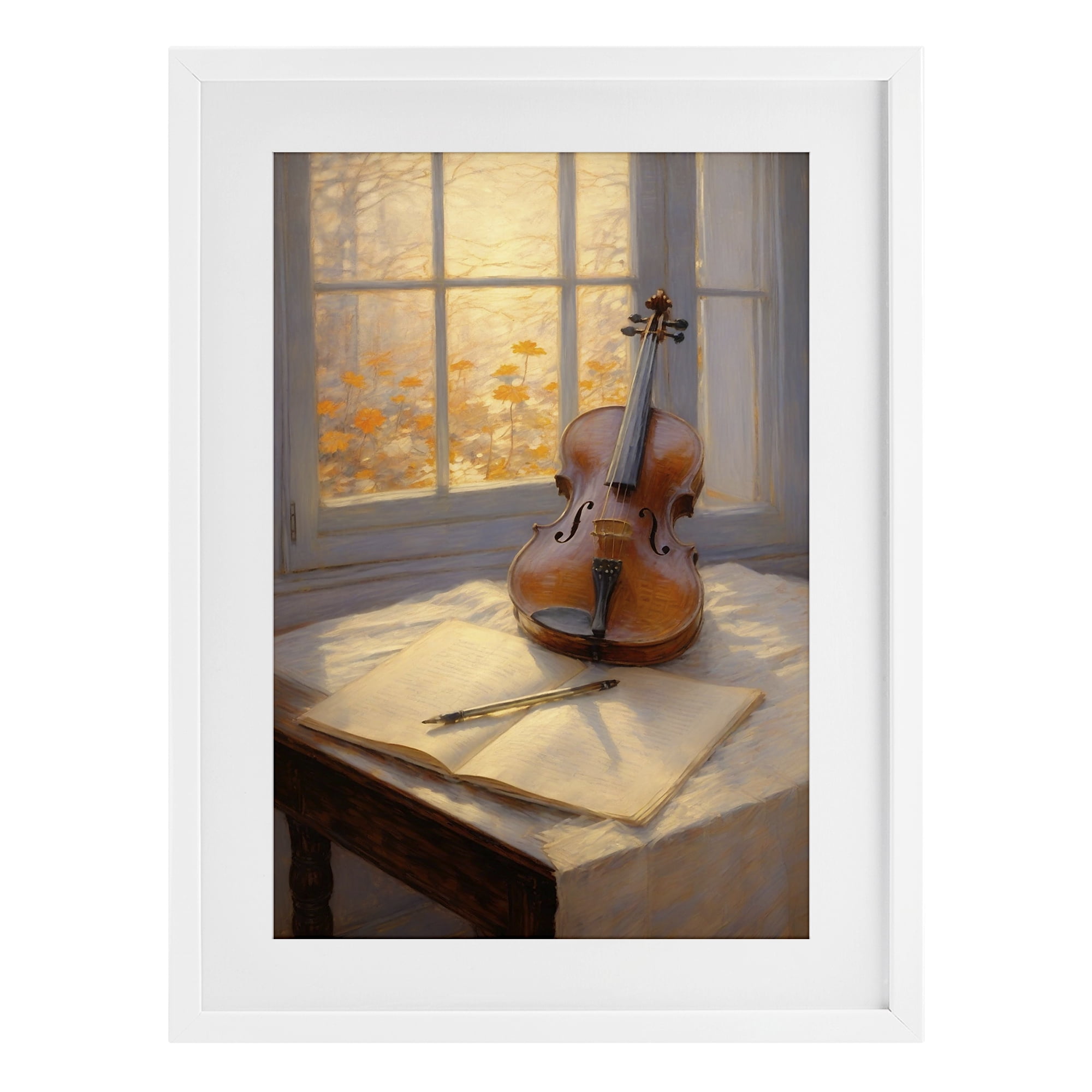 Stupell Industries Autumn Sunlit Violin White Framed Print Under Glass, design by Angie Hawke