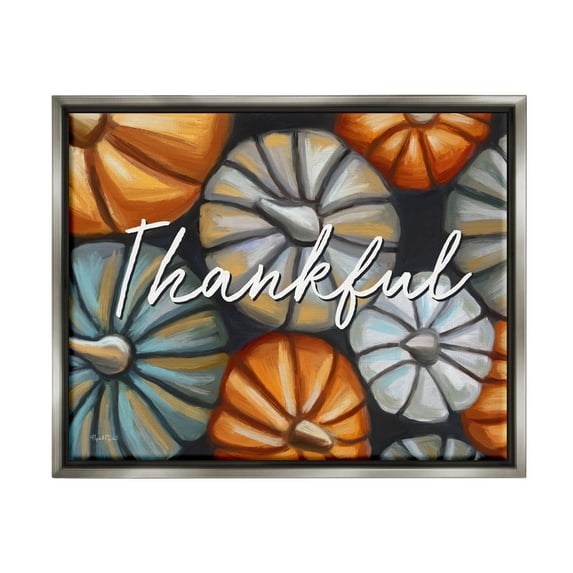 Stupell Industries Autumn Thankful Pumpkins Phrase Graphic Art Luster Gray Floating Framed Canvas Print Wall Art, Design by Elizabeth Tyndall