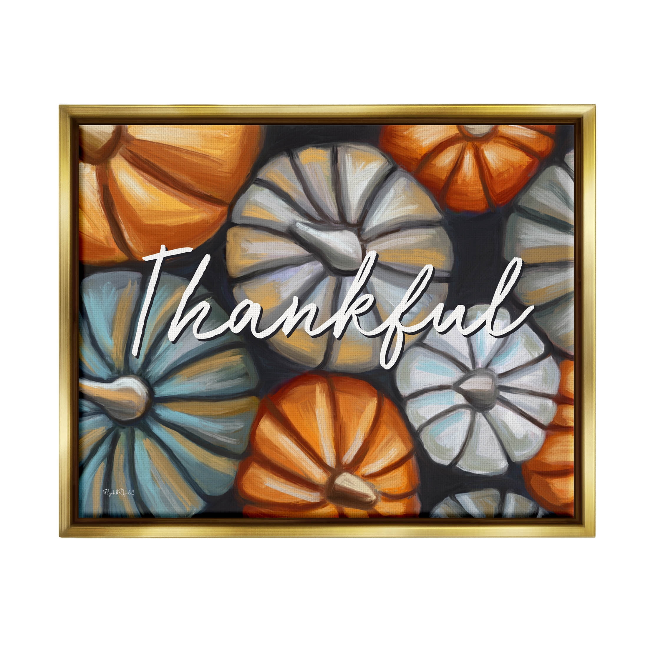 Stupell Industries Autumn Thankful Pumpkins Phrase Graphic Art Metallic Gold Floating Framed Canvas Print Wall Art, Design by Elizabeth Tyndall