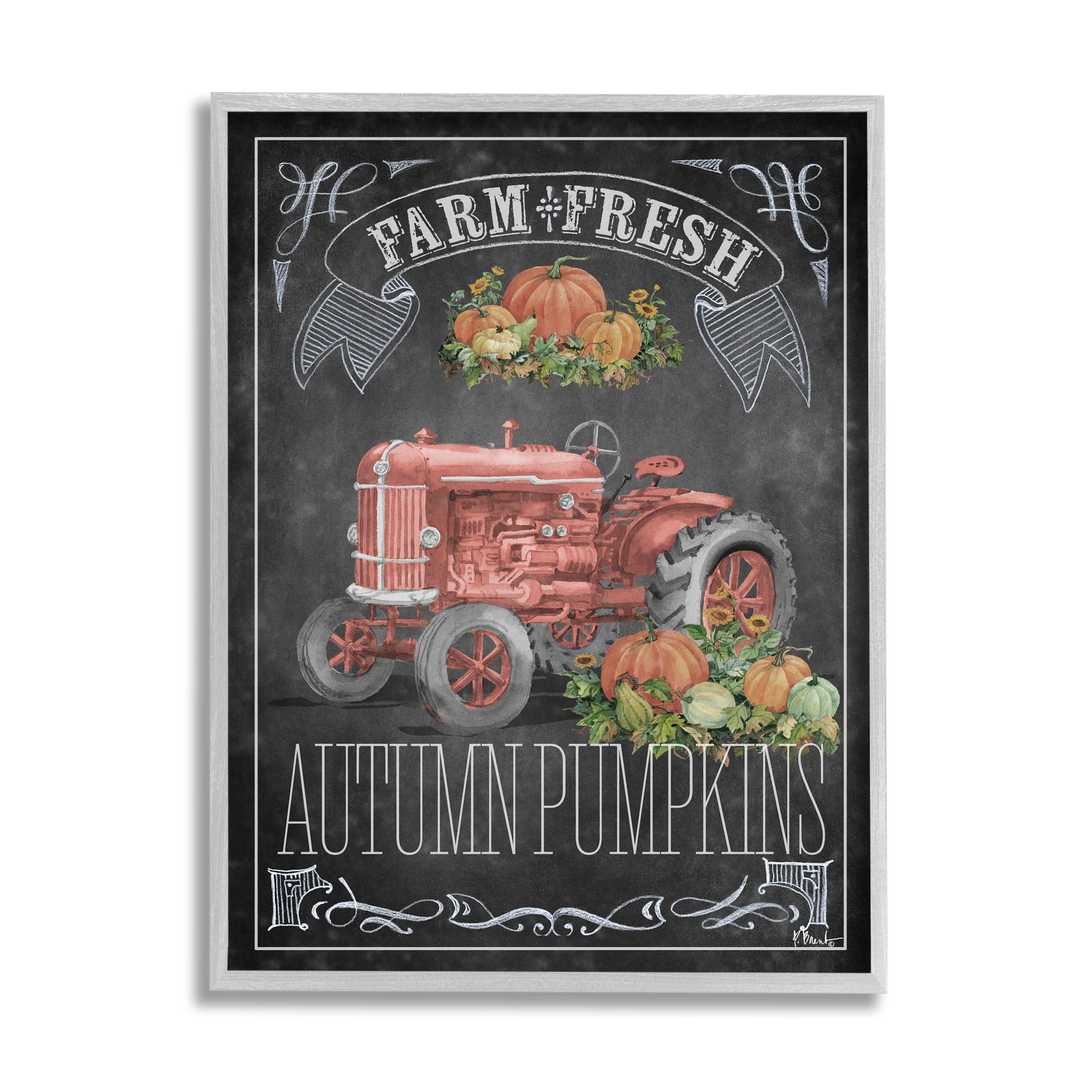 Stupell Industries Autumn Tractor Chalkboard Transportation Painting Gray Framed Art Print Wall Art, 16 x 20