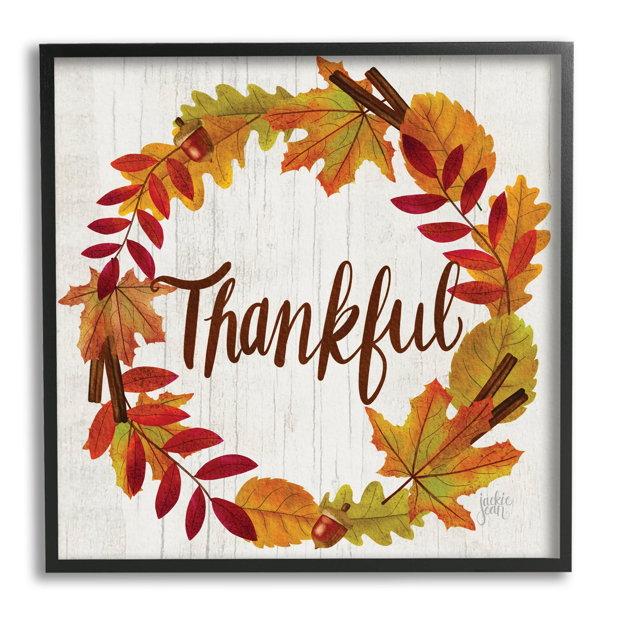 Stupell Industries Autumn Tree Leaf Wreath Thankful Sentiment Home Sign, 12 x 12, Designed by Jackie Quigley