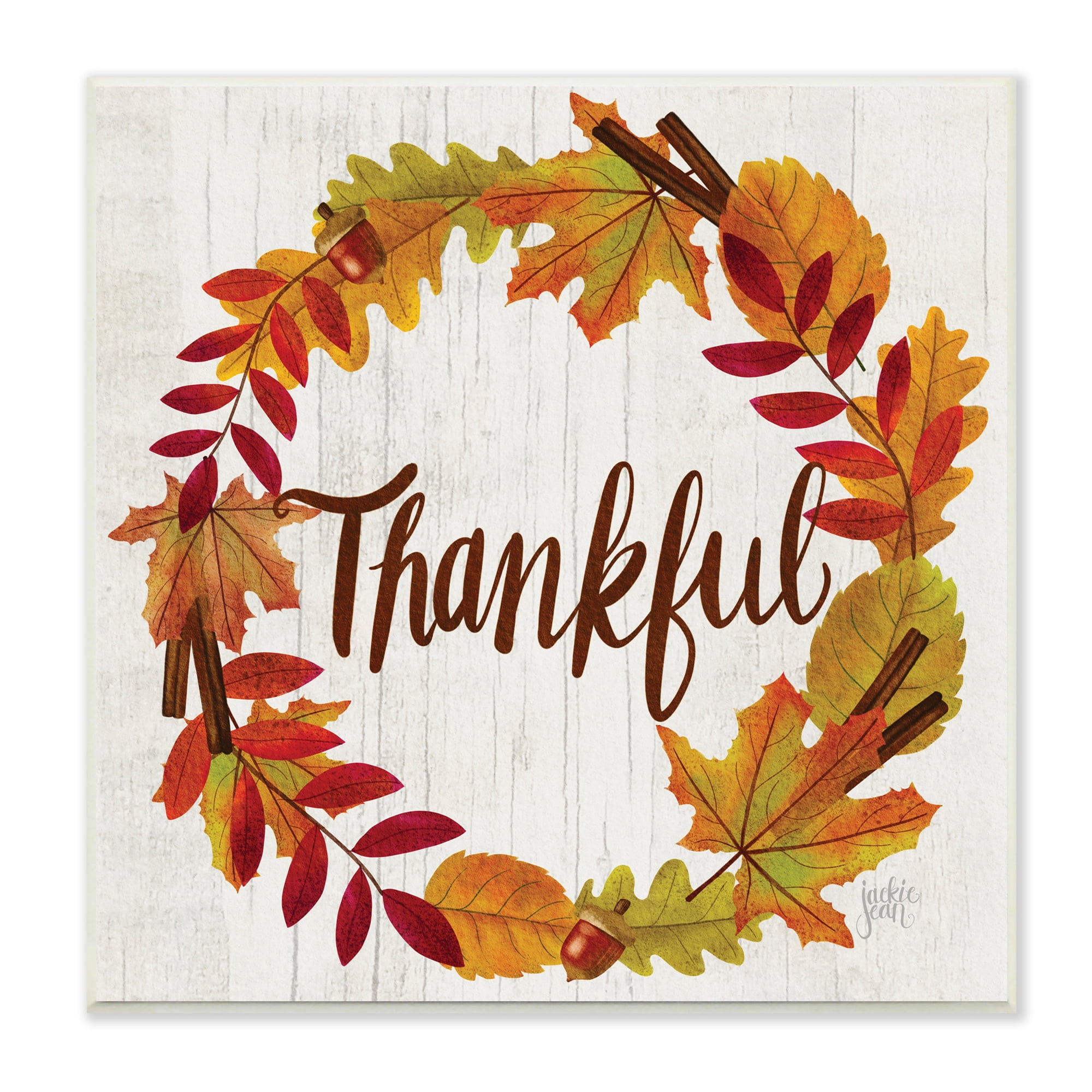 Stupell Industries Autumn Tree Leaf Wreath Thankful Sentiment Home Sign, 12 x 12, Designed by Jackie Quigley