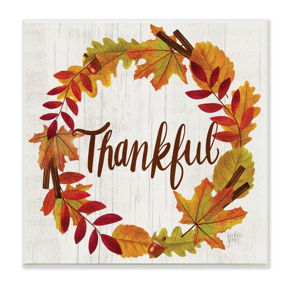 Stupell Industries Autumn Tree Leaf Wreath Thankful Sentiment Home Sign, 12 x 12, Designed by Jackie Quigley