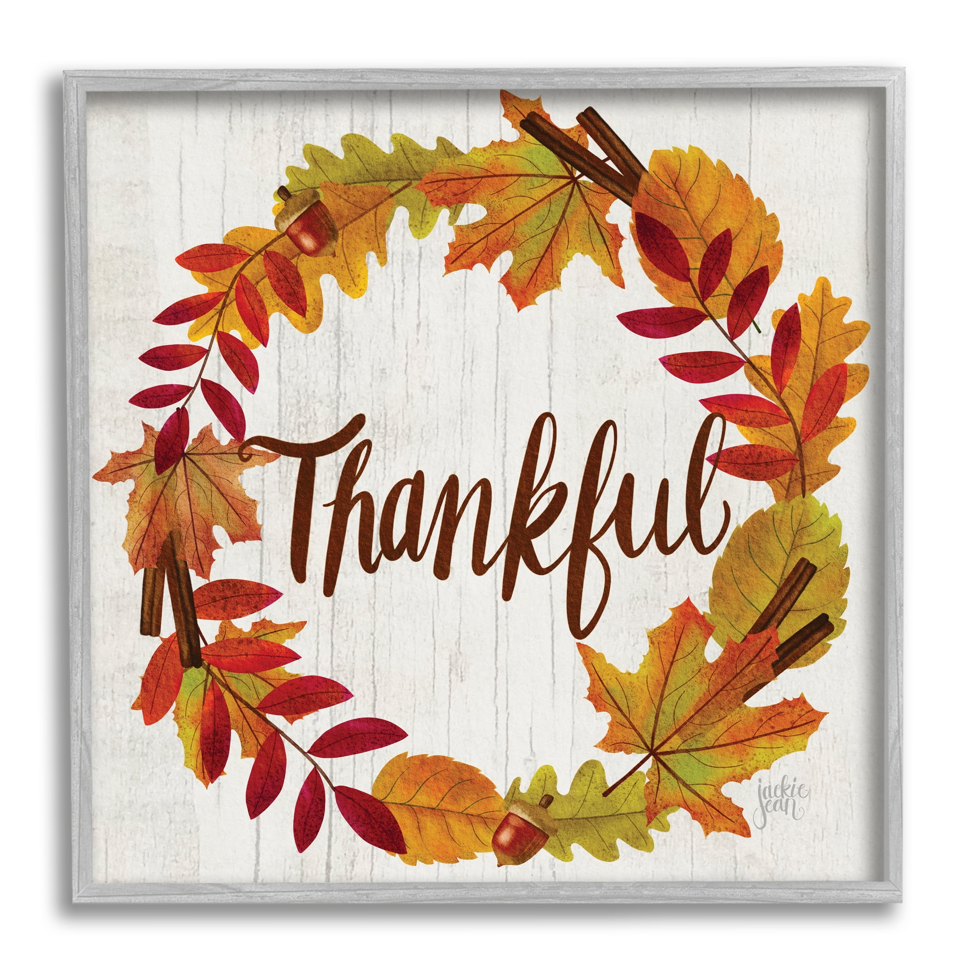 Stupell Industries Autumn Tree Leaf Wreath Thankful Sentiment Home Sign, 12 x 12, Designed by Jackie Quigley