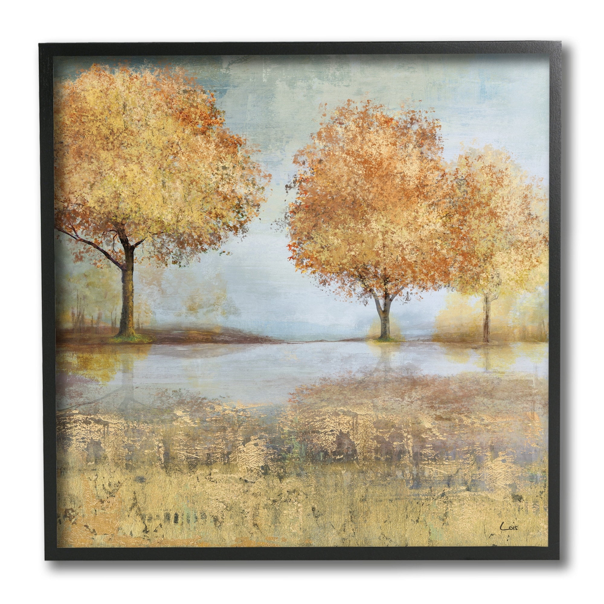 Stupell Industries Autumn Trees by Lake Countryside Landscape Landscape Painting Black Framed Art Print Wall Art, 12 x 12