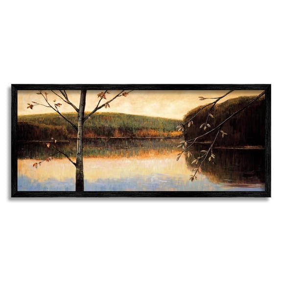 Stupell Industries Autumn Trees by Lake Nature Painting Black Framed Art Print Wall Art, 30 x 13