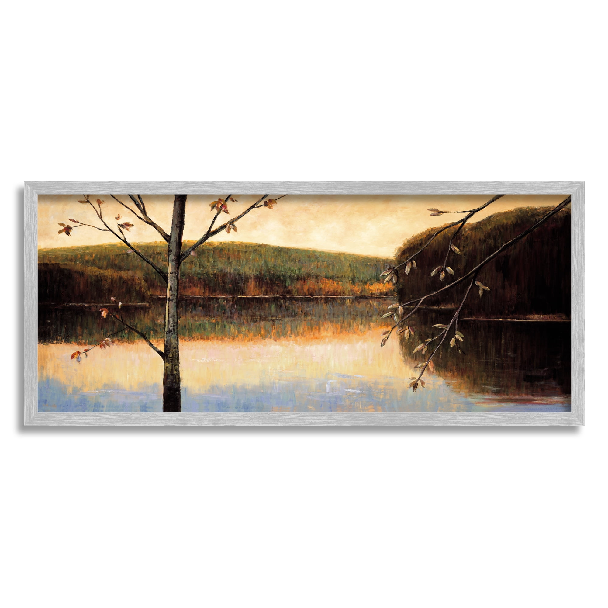 Stupell Industries Autumn Trees by Lake Nature Painting Gray Framed Art Print Wall Art, 30 x 13