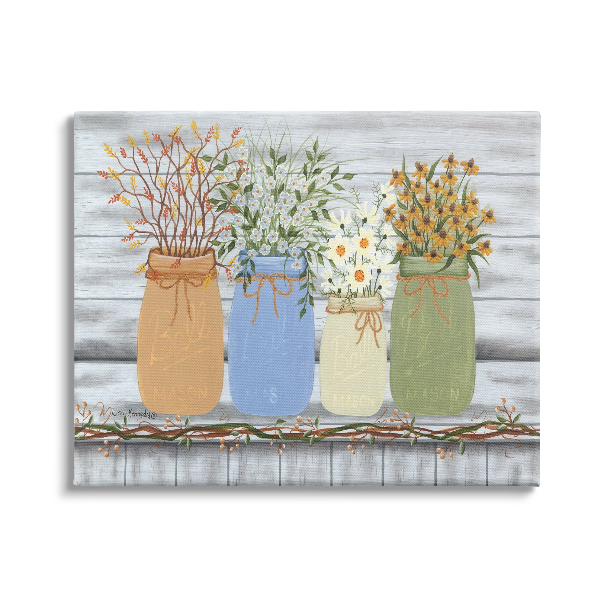 Stupell Industries Autumn Wildflower Bouquets Traditional Farm Jars Country Florals, 48 x 36, Design by Lisa Kennedy