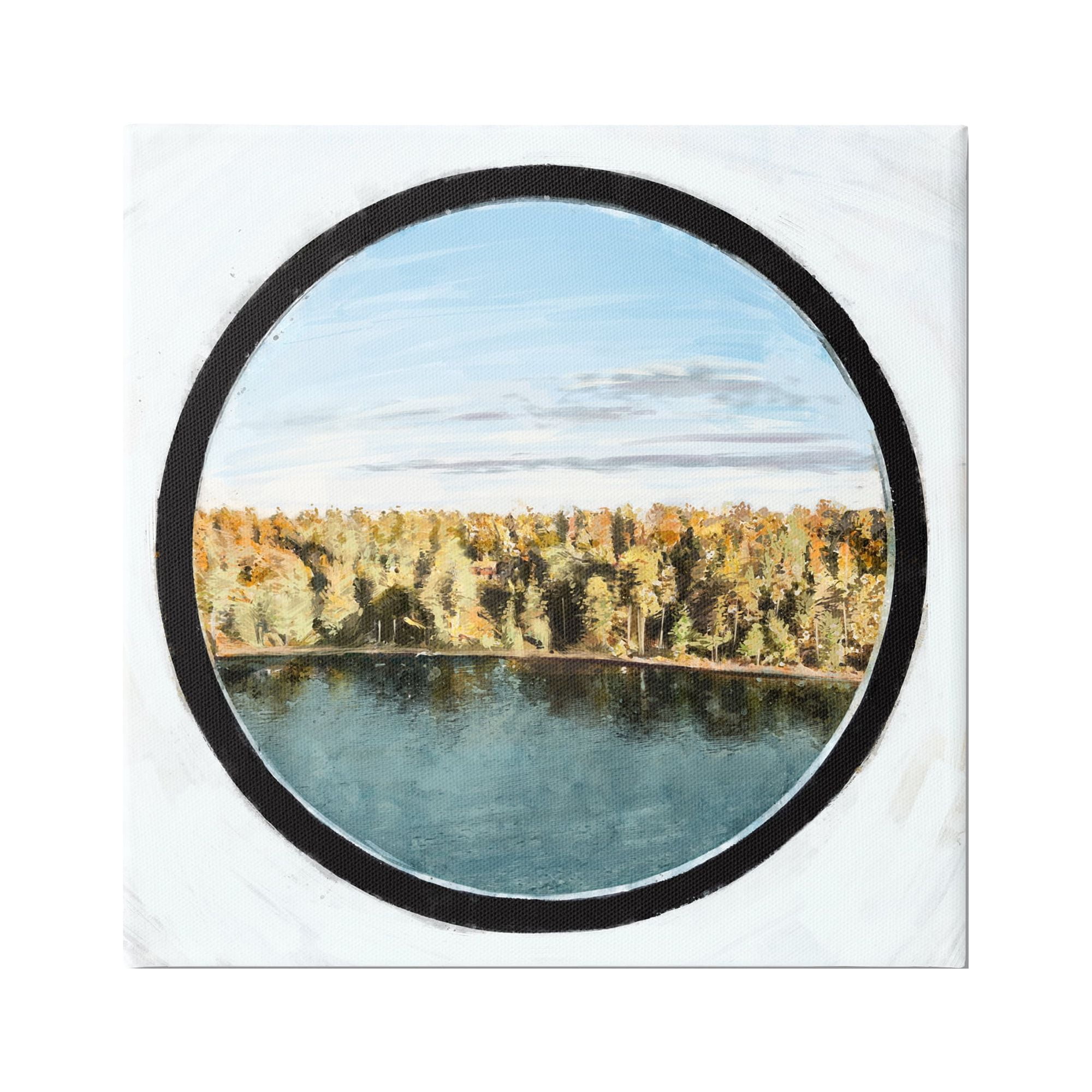 Stupell Industries Autumn Woodland Forest Lake Through Porthole Landscape Painting Gallery Wrapped Canvas Print Wall Art, Design by Ziwei Li
