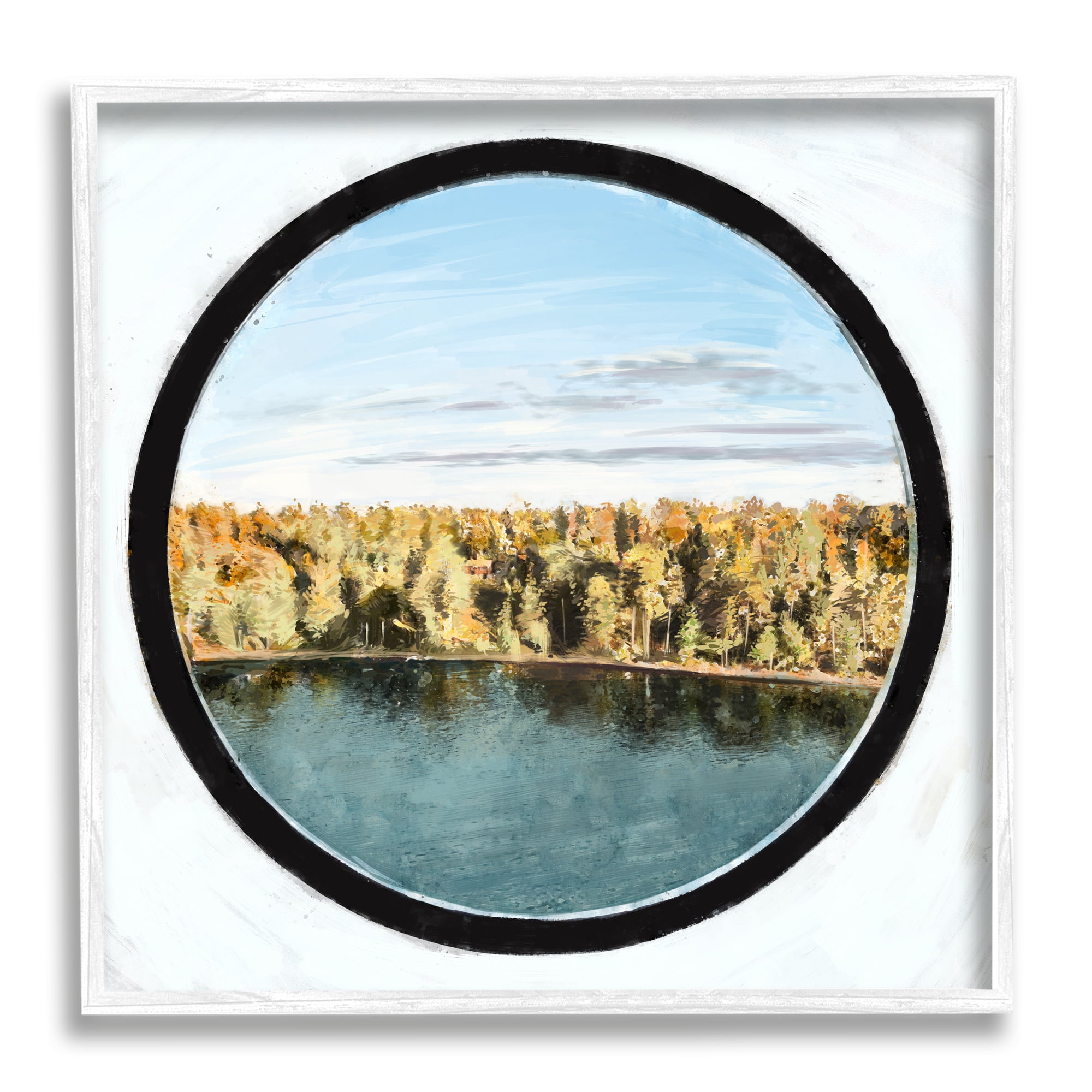 Stupell Industries Autumn Woodland Forest Lake Through Porthole Landscape Painting White Framed Art Print Wall Art, Design by Ziwei Li