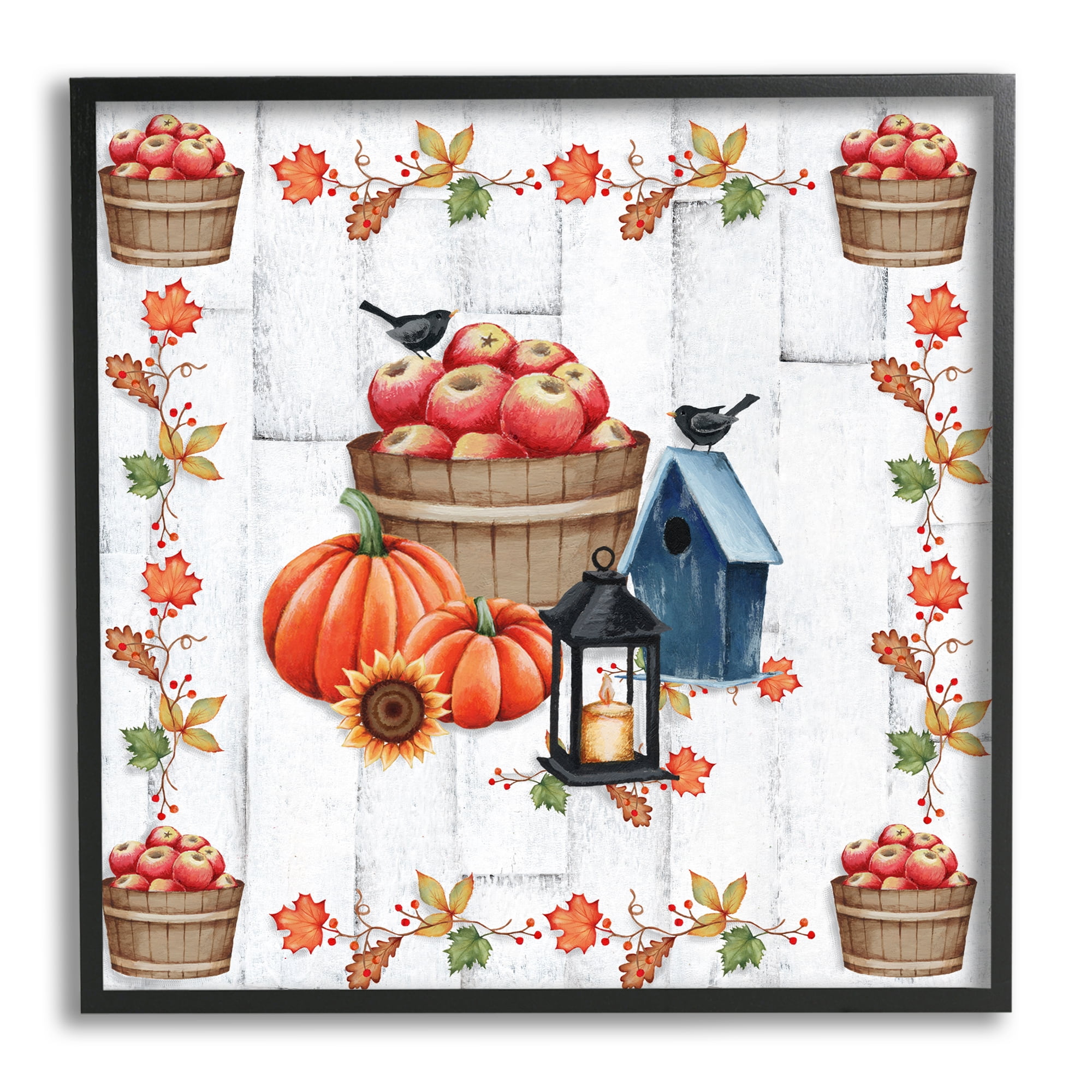 Stupell Industries Autumnal Apples & Lantern Holiday Painting Black Framed Art Print Wall Art, 24 x 24