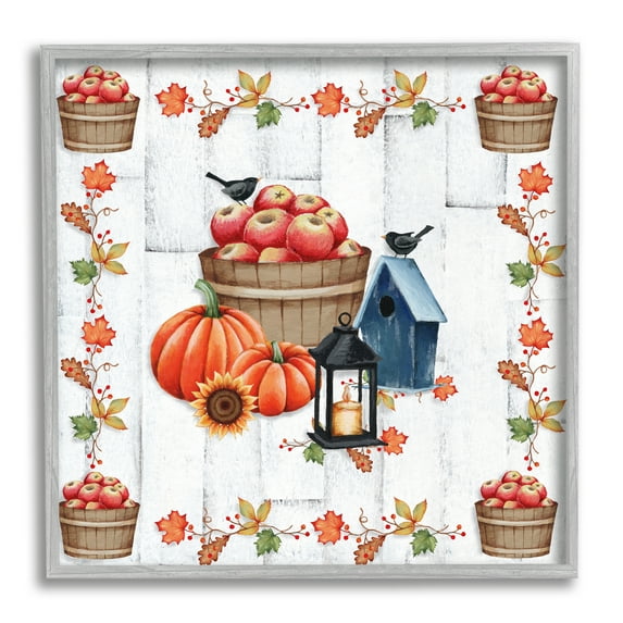 Stupell Industries Autumnal Apples & Lantern Holiday Painting Gray Framed Art Print Wall Art, 12 x 12