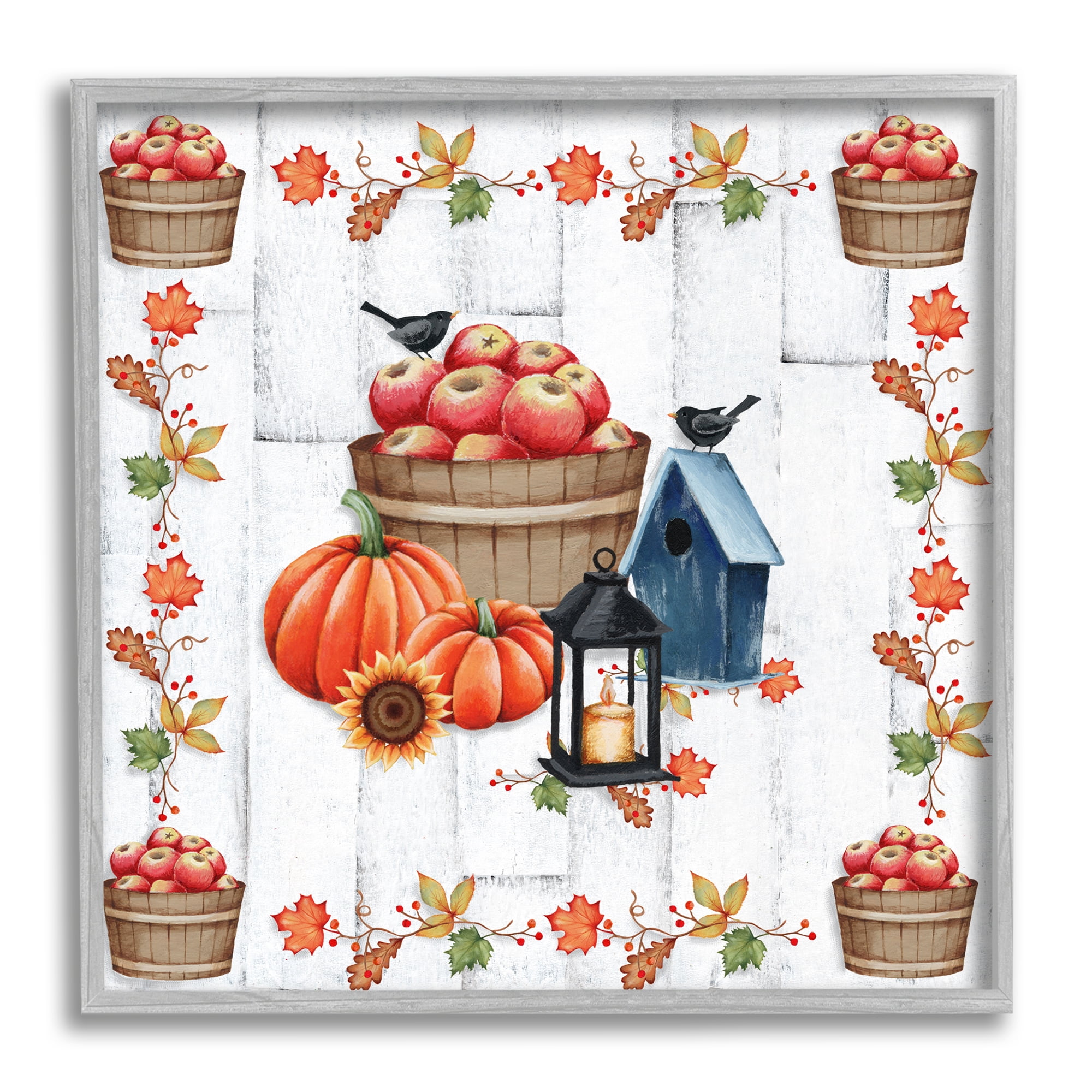 Stupell Industries Autumnal Apples & Lantern Holiday Painting Gray Framed Art Print Wall Art, 24 x 24