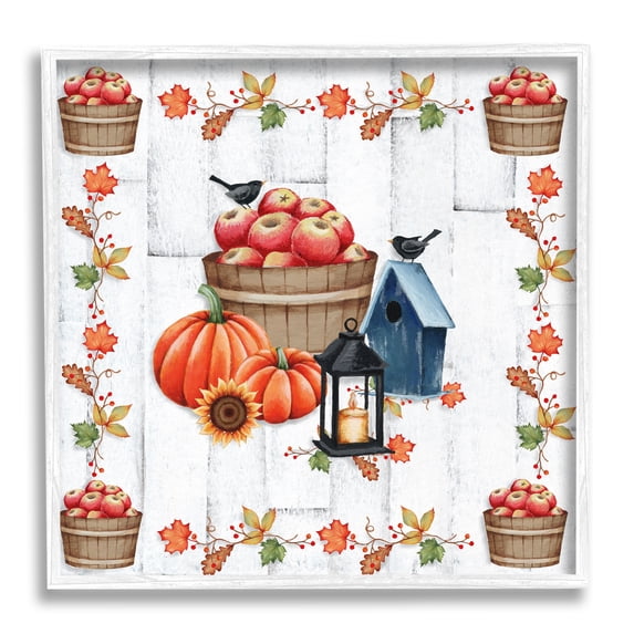 Stupell Industries Autumnal Apples & Lantern Holiday Painting White Framed Art Print Wall Art, 17 x 17