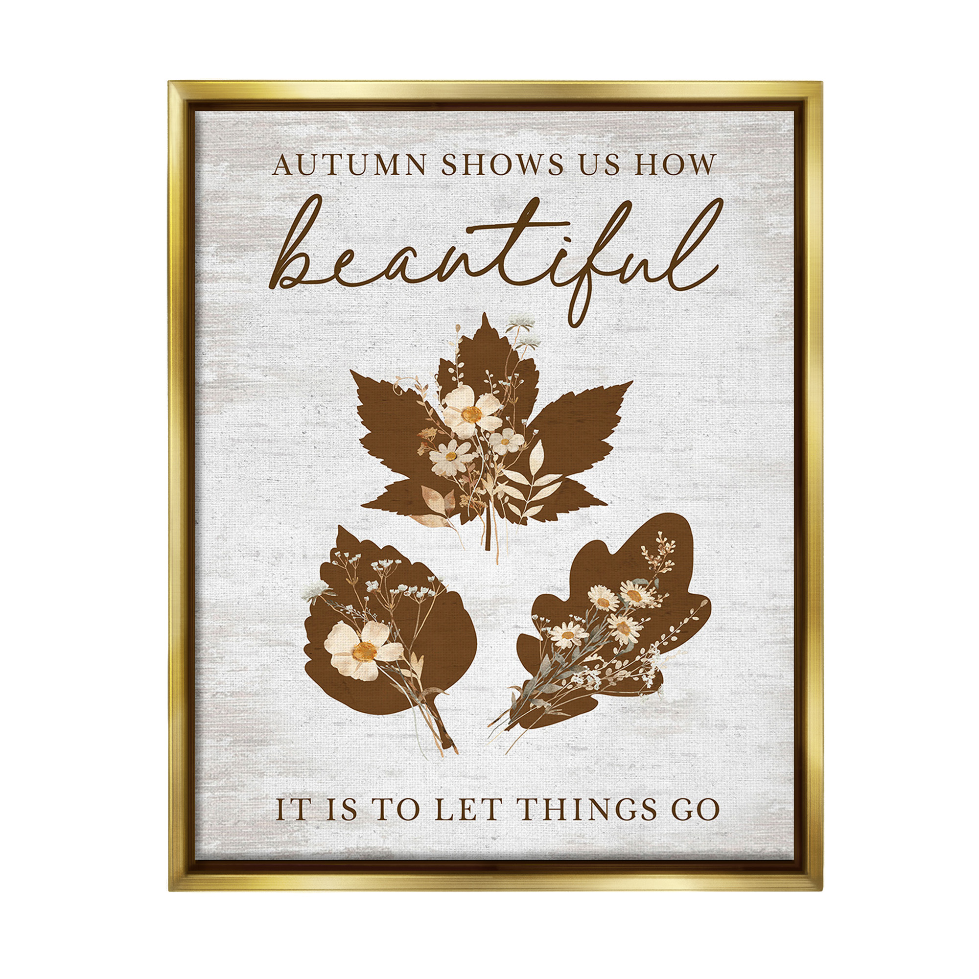 Stupell Industries Autumnal Beauty Phrase Botanical & Floral Painting Gold Floater Framed Canvas Art Print Wall Art, 17 x 21