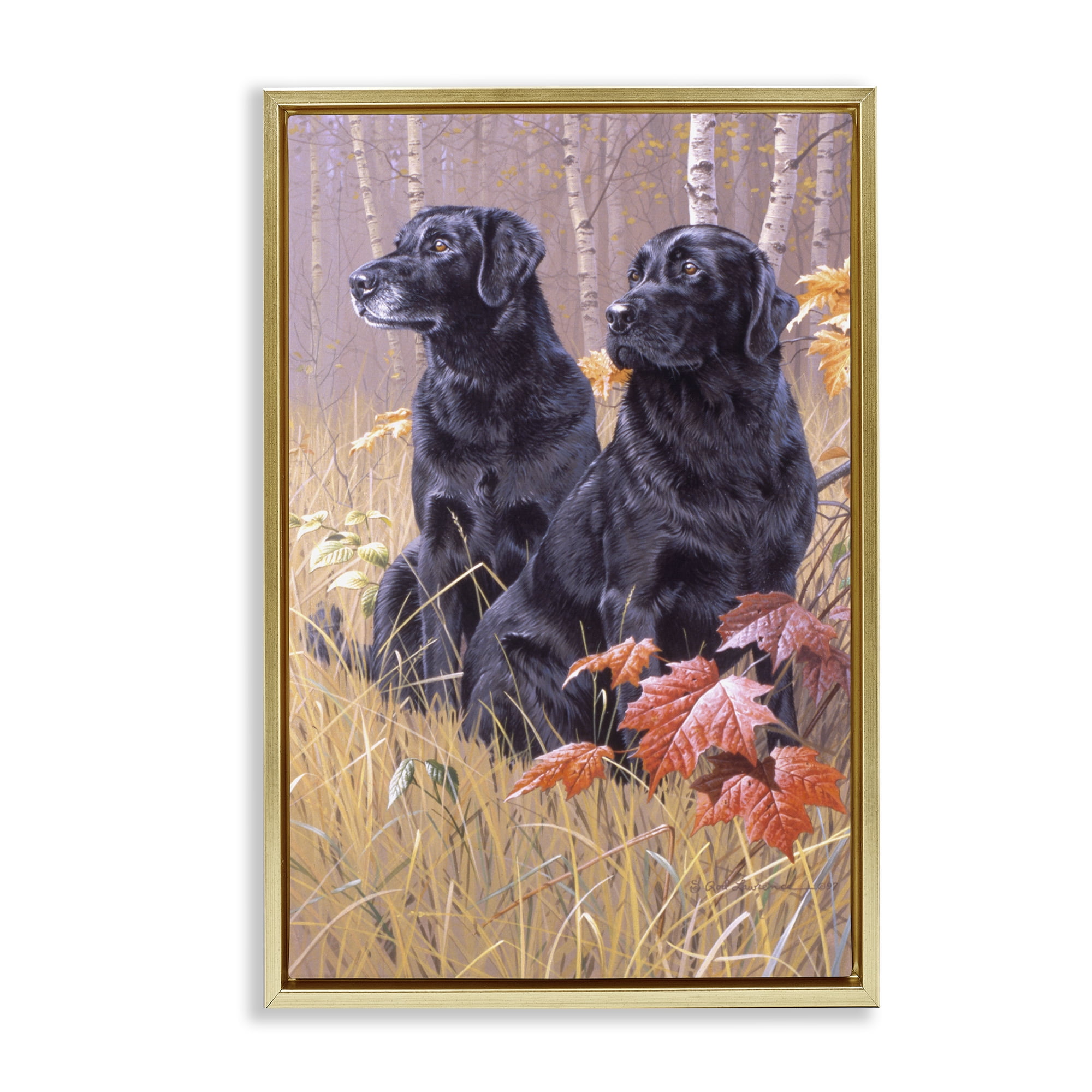 Stupell Industries Autumnal Black Dogs Animals Painting Gold Floater Framed Canvas Art Print Wall Art, 21 x 31