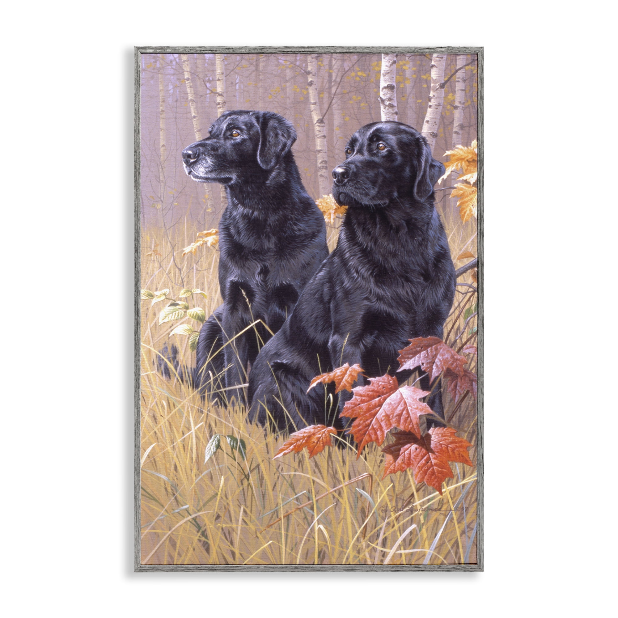 Stupell Industries Autumnal Black Dogs Animals Painting Gray Framed Art Print Wall Art, 16 x 24