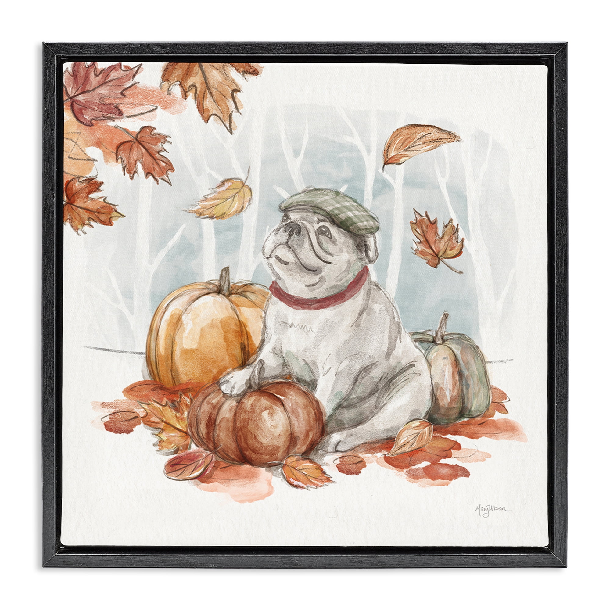 Stupell Industries Autumnal Bulldog Scene Holiday Painting Black Floater Framed Canvas Art Prints Wall Art, 25 x 25
