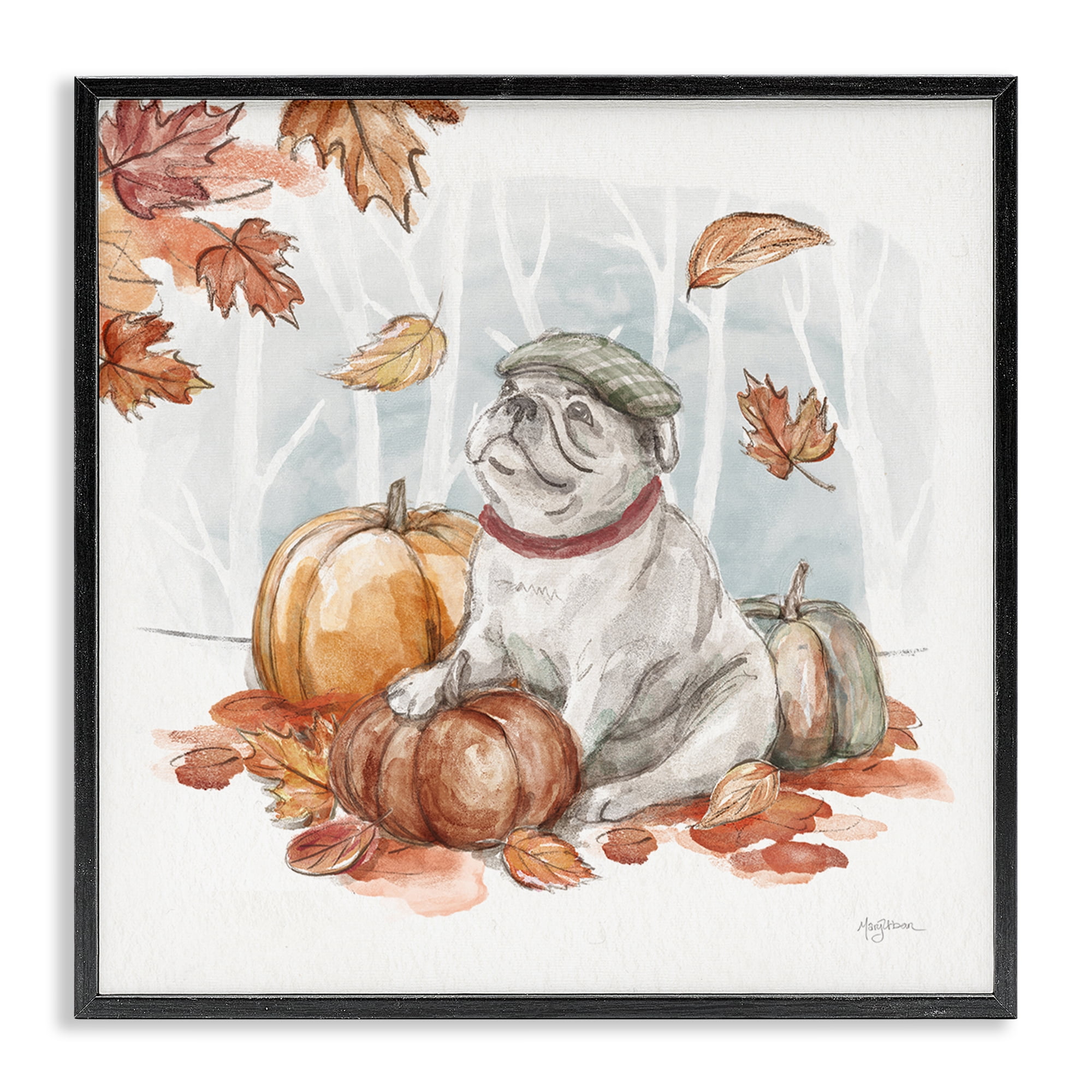 Stupell Industries Autumnal Bulldog Scene Holiday Painting Black Framed Art Prints Wall Art, 24 x 24