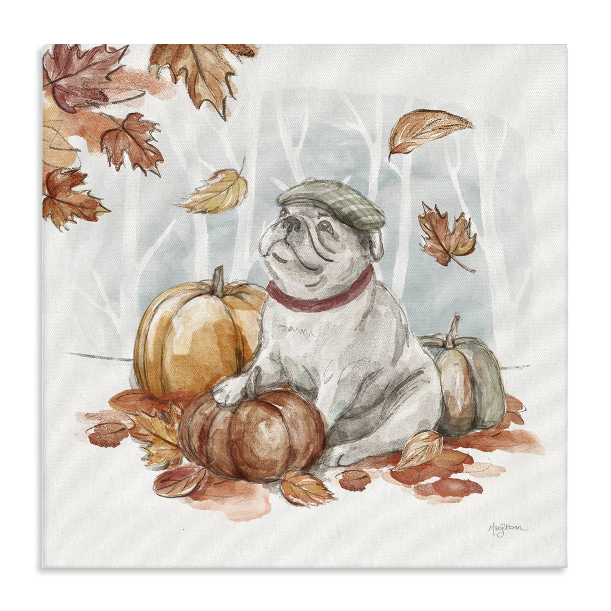 Stupell Industries Autumnal Bulldog Scene Holiday Painting Gallery Wrapped Canvas Art Prints Wall Art, 17 x 17