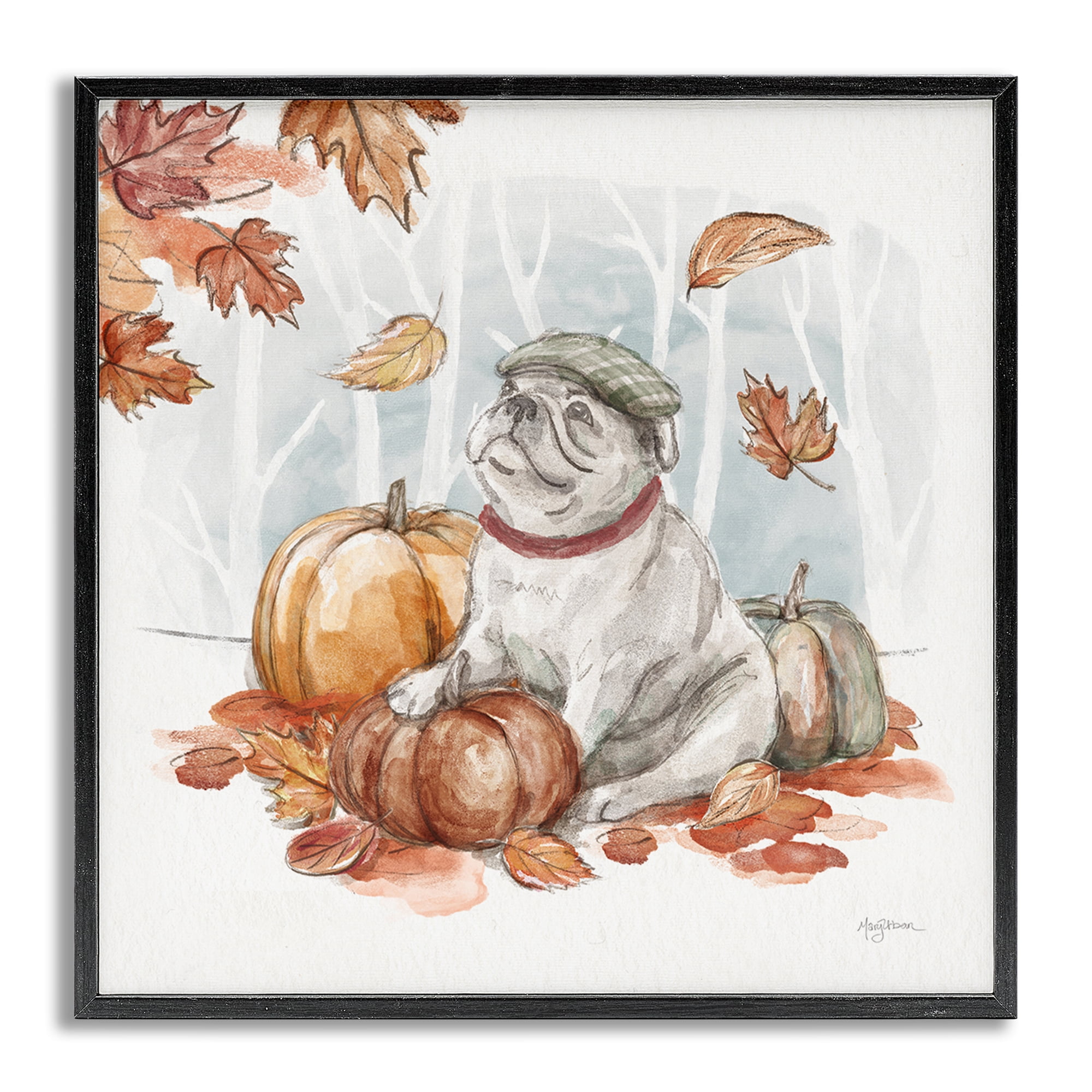 Stupell Industries Autumnal Bulldog Scene Holiday Painting Gray Framed Art Prints Wall Art, 24 x 24