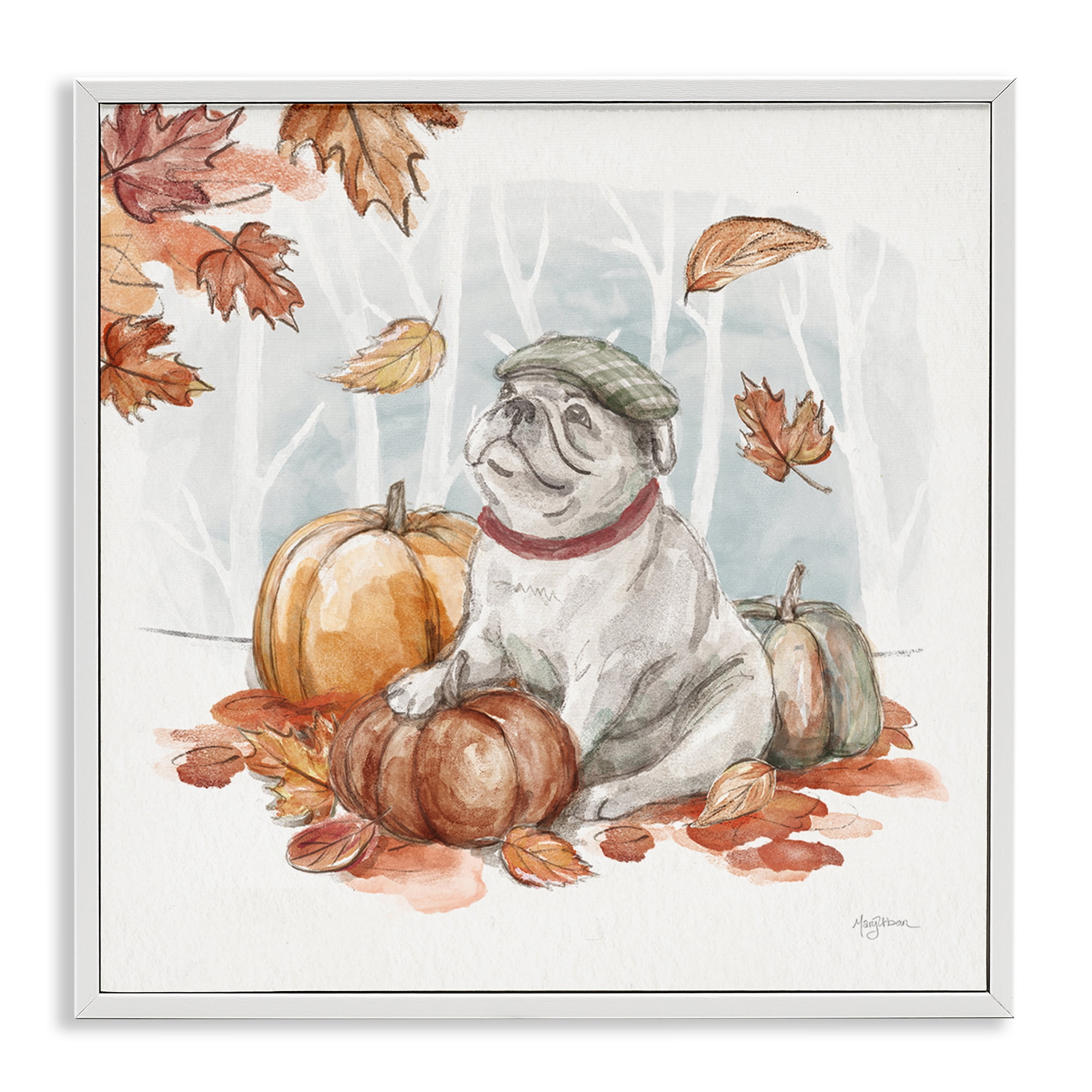 Stupell Industries Autumnal Bulldog Scene Holiday Painting White Framed Art Prints Wall Art, 24 x 24