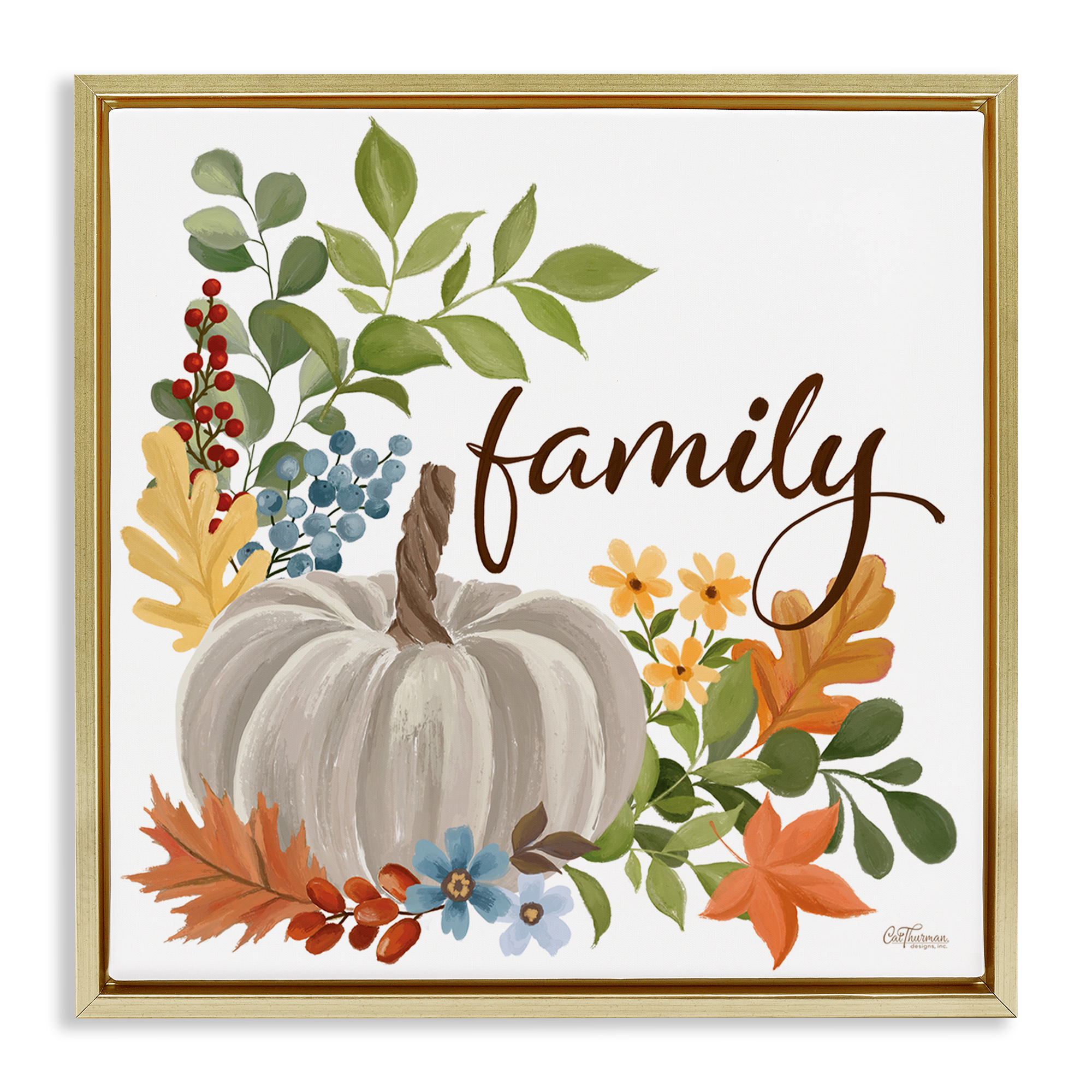 Stupell Industries Autumnal Family Pumpkin Holiday Painting Gold Floater Framed Art Print Wall Art, 18 x 18