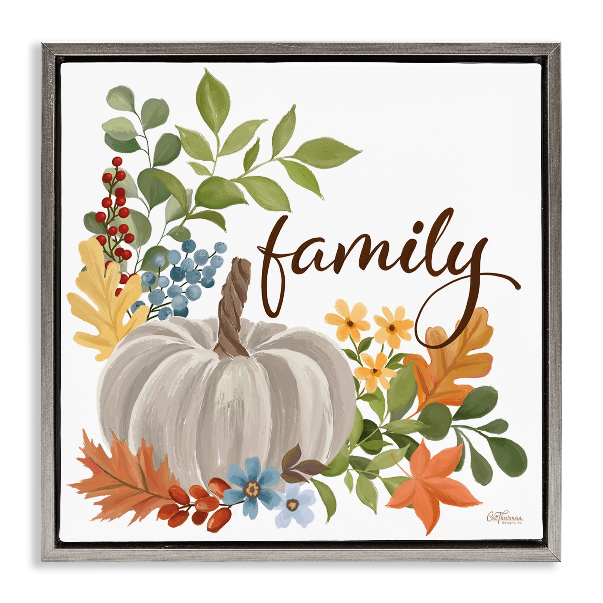 Stupell Industries Autumnal Family Pumpkin Holiday Painting Gray Floater Framed Art Print Wall Art, 18 x 18